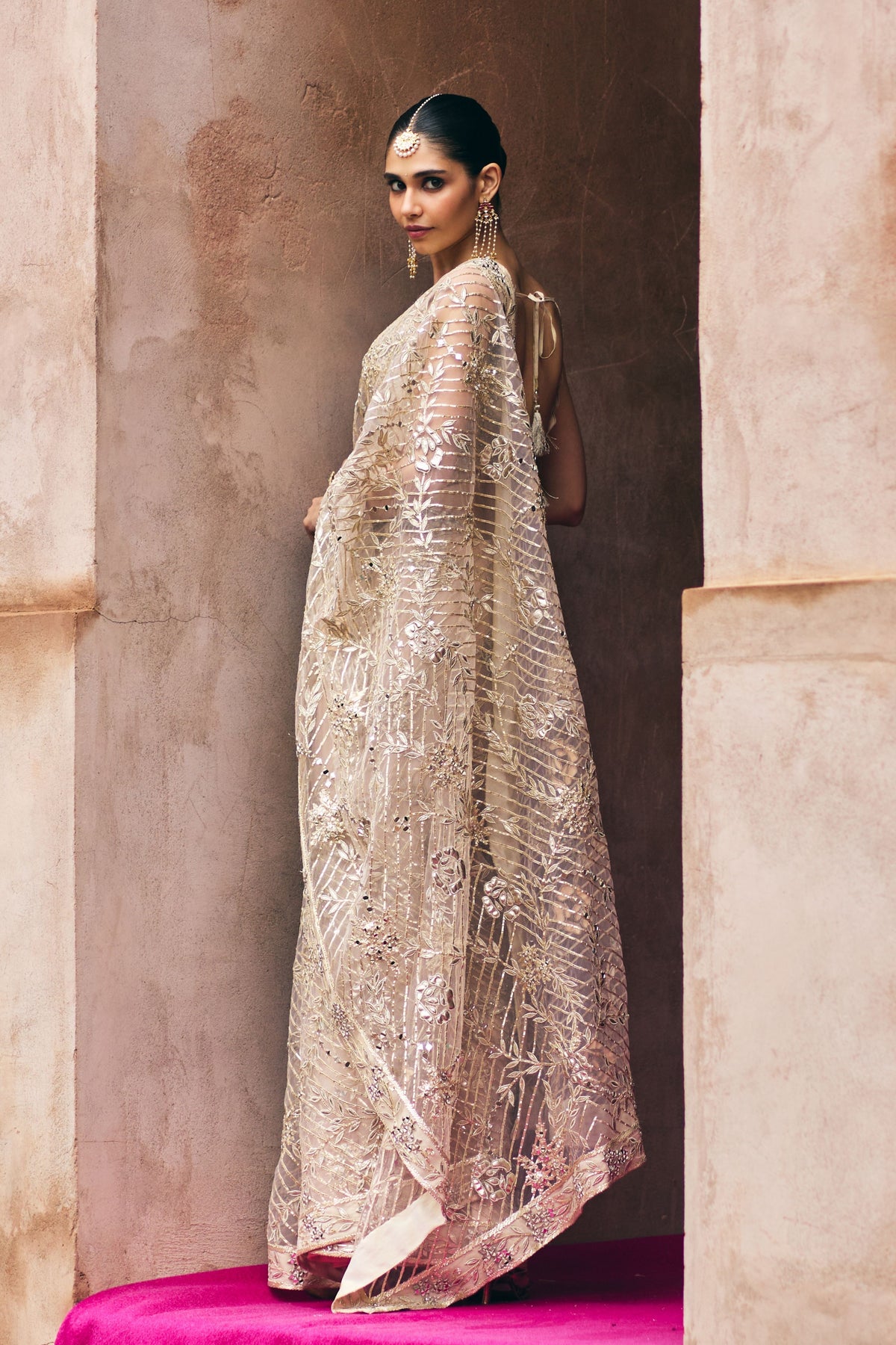 Rose Gold Net Saree Set