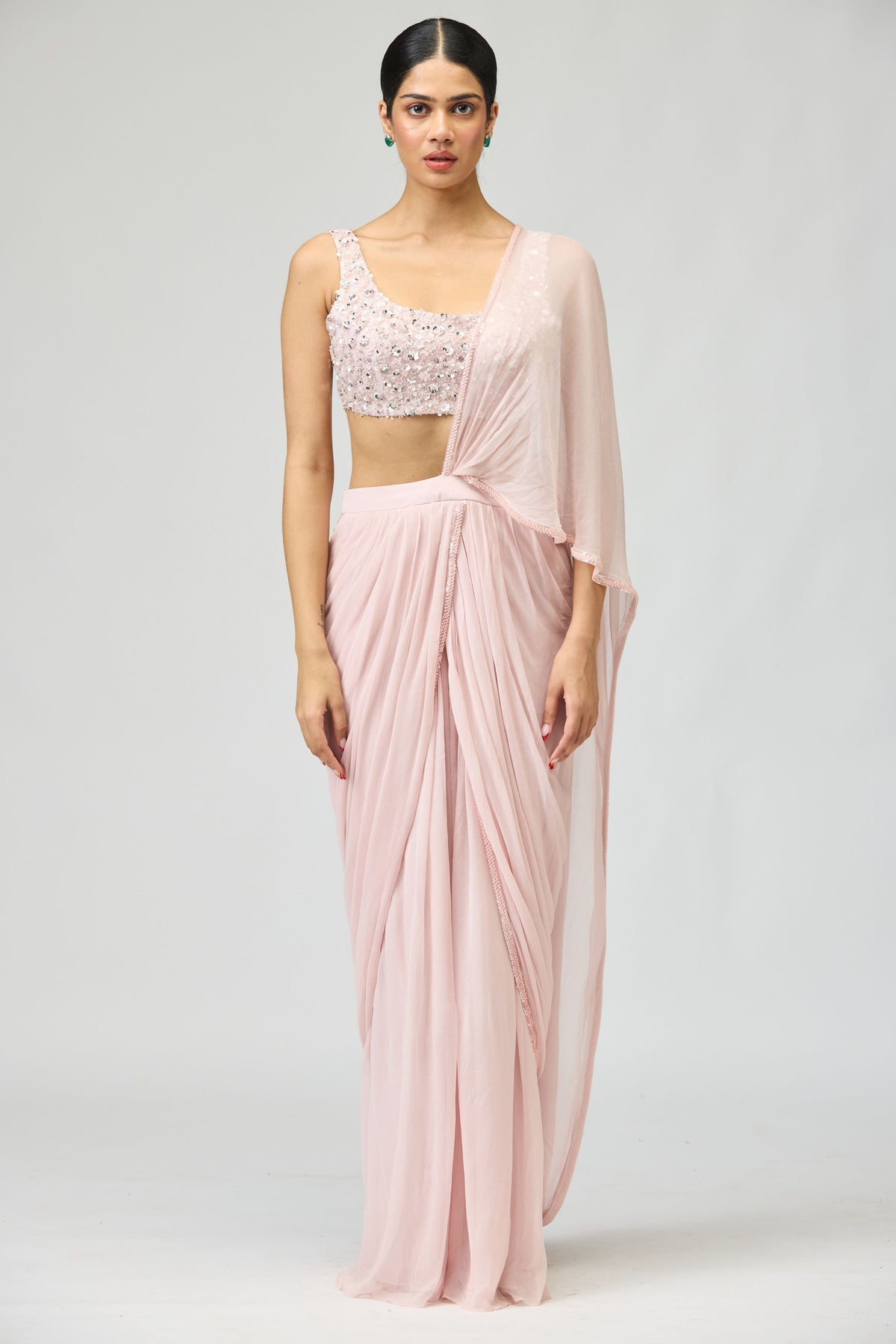 Silk Chiffon Light Pink Saree Set