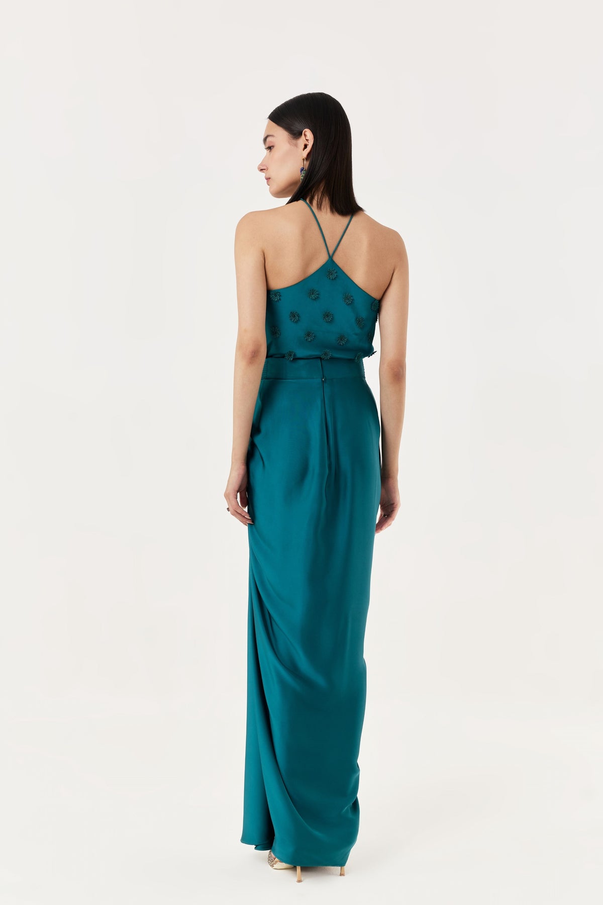3d Floral Emerald Teal Halter Top Skirt Set