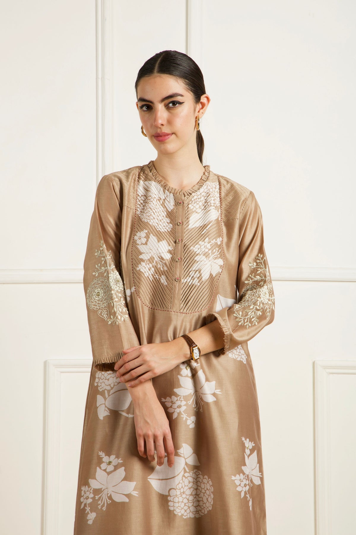 Beige Pleated Yoke Kurta Set