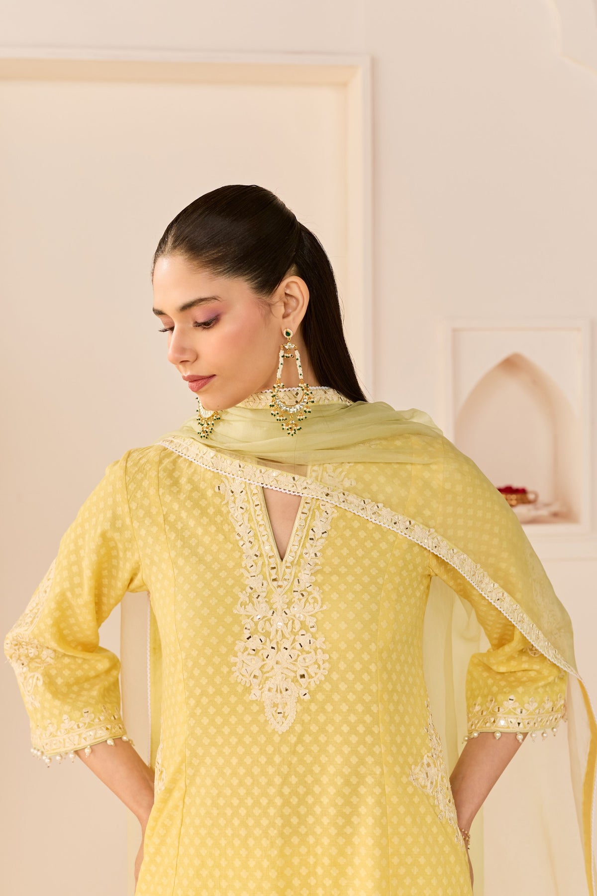 Reem Lemon Yellow Short Choga Set