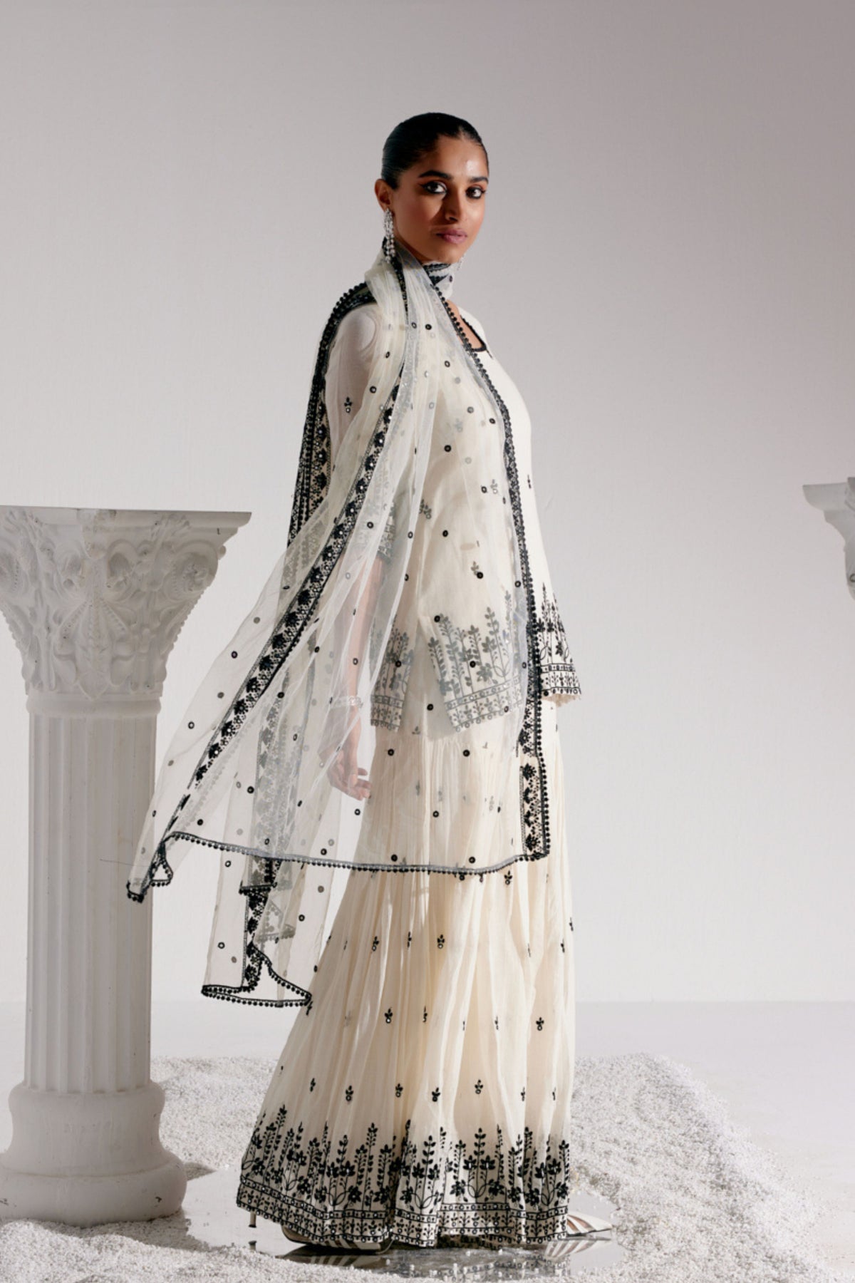 Lotus Straight Sharara Set in Black &amp; White