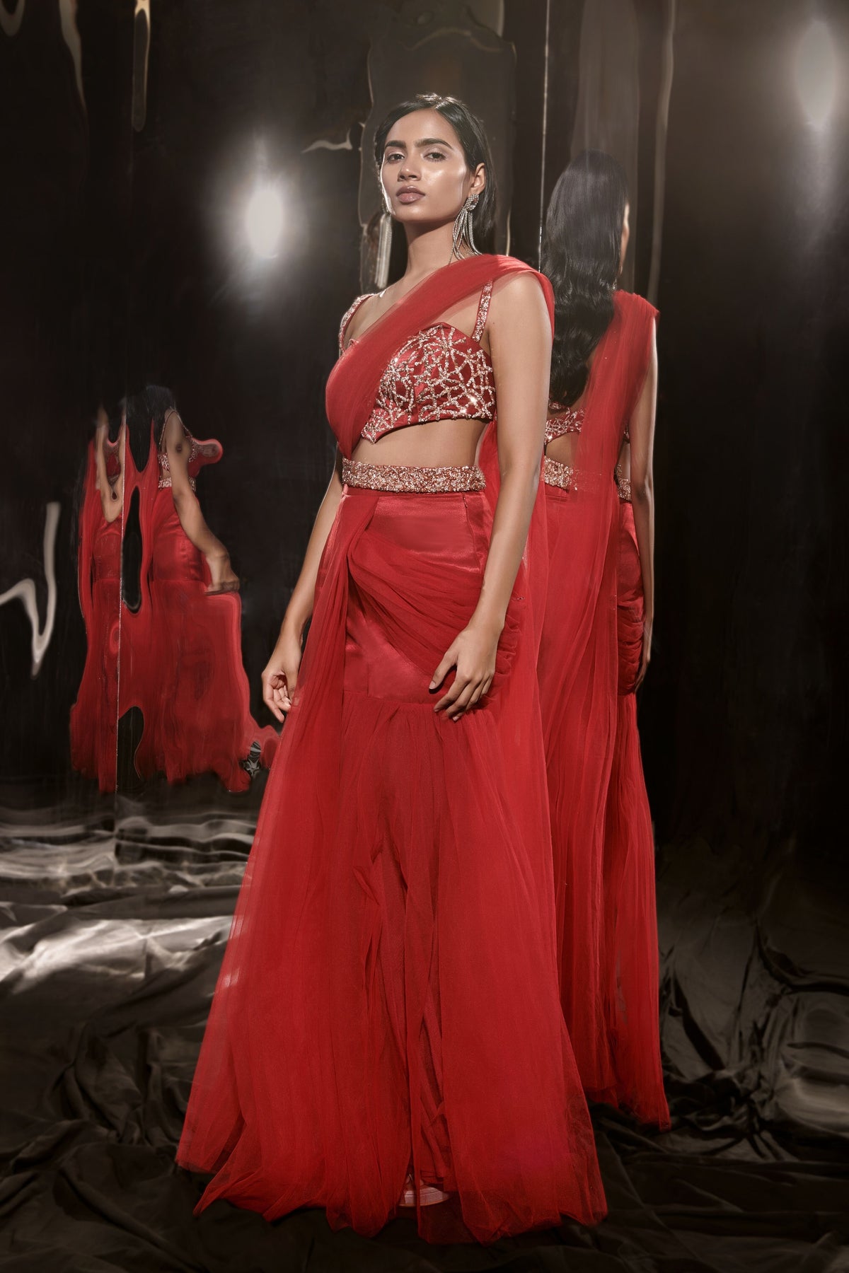 Red Sharara Saree Set