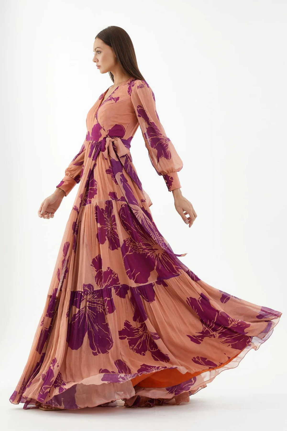 Orange And Purple Floral Long Wrap Dress