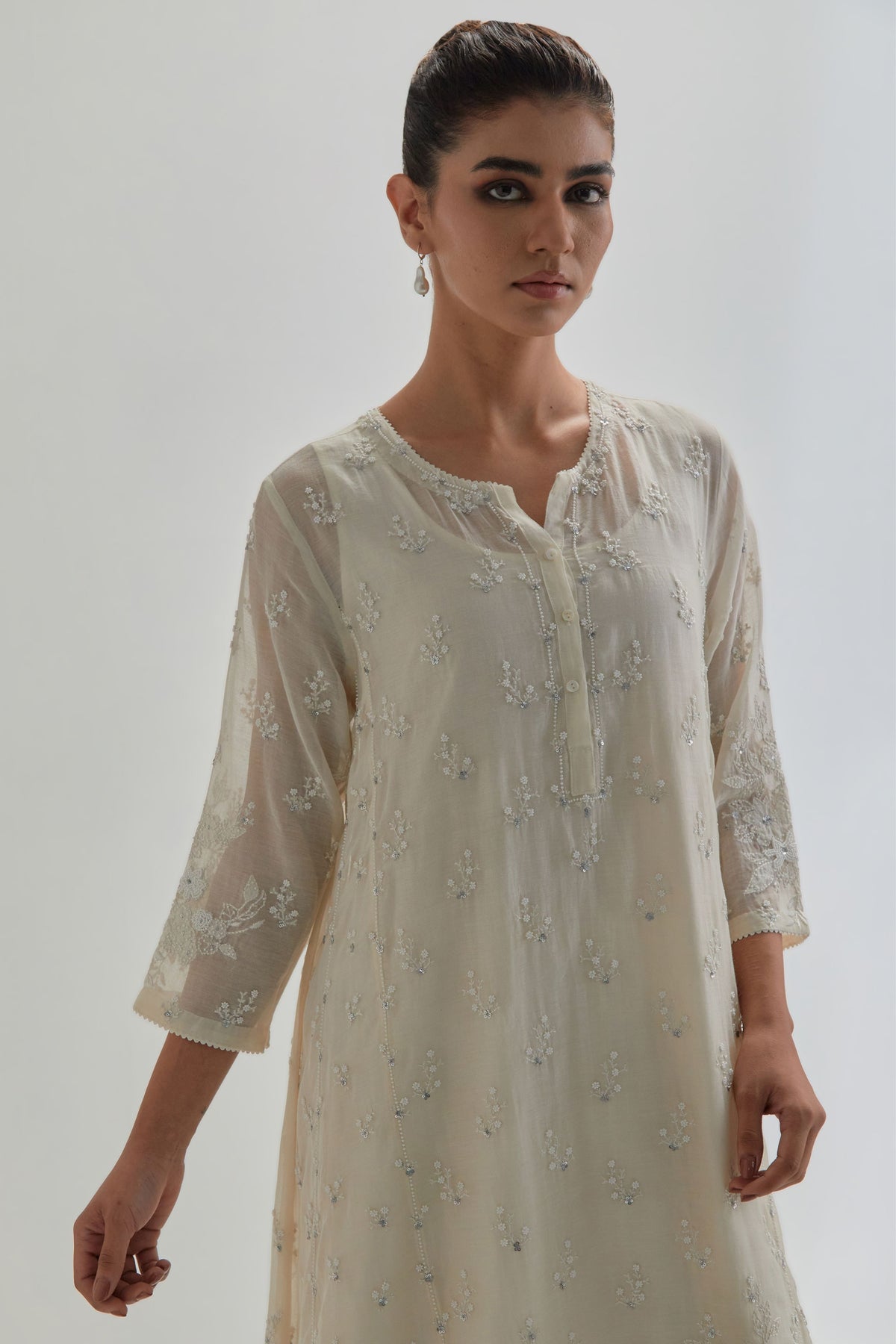 Off White Floral Short Kurta Set