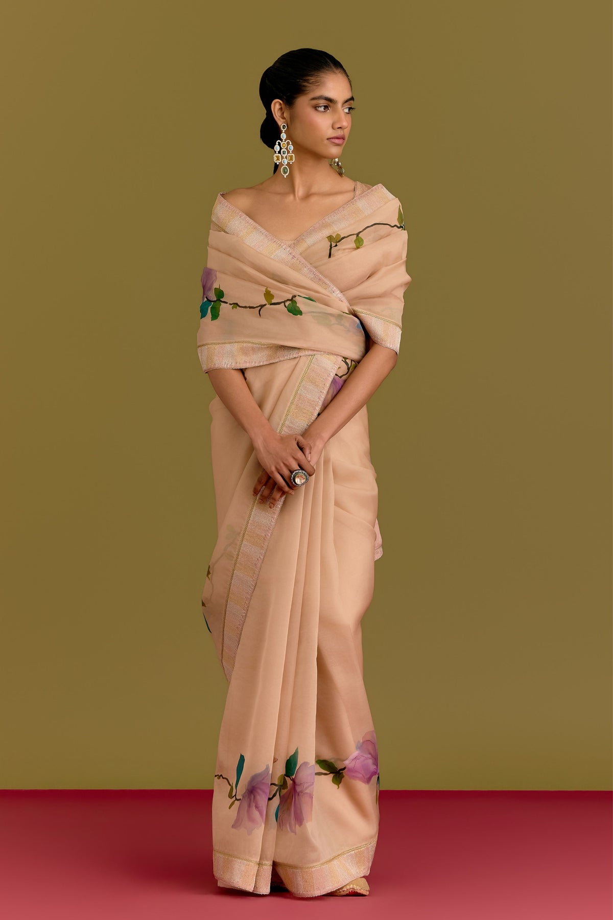 Beige Hand Painted Saree Set