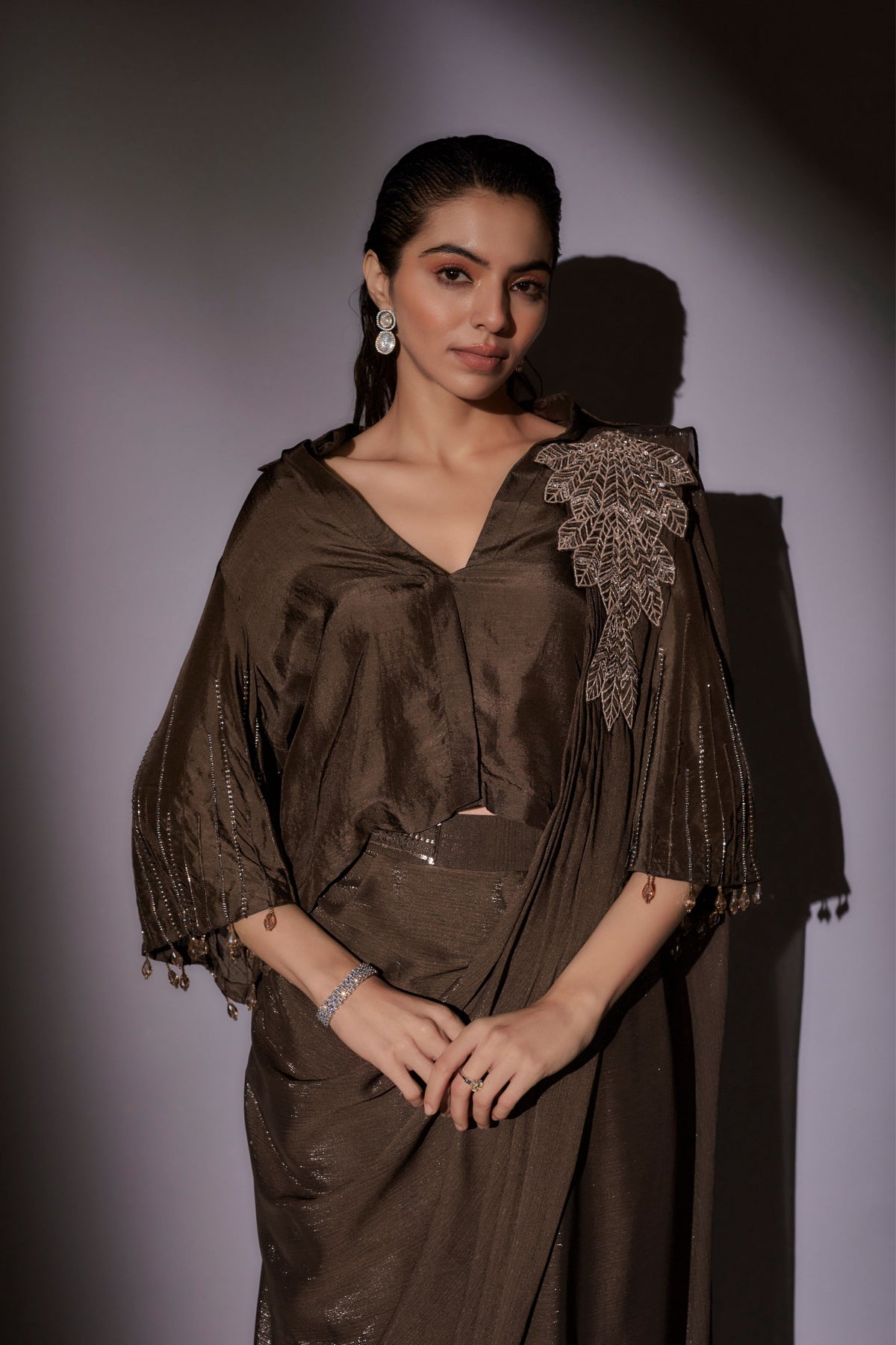 Coffe Pre-Draped Saree Set