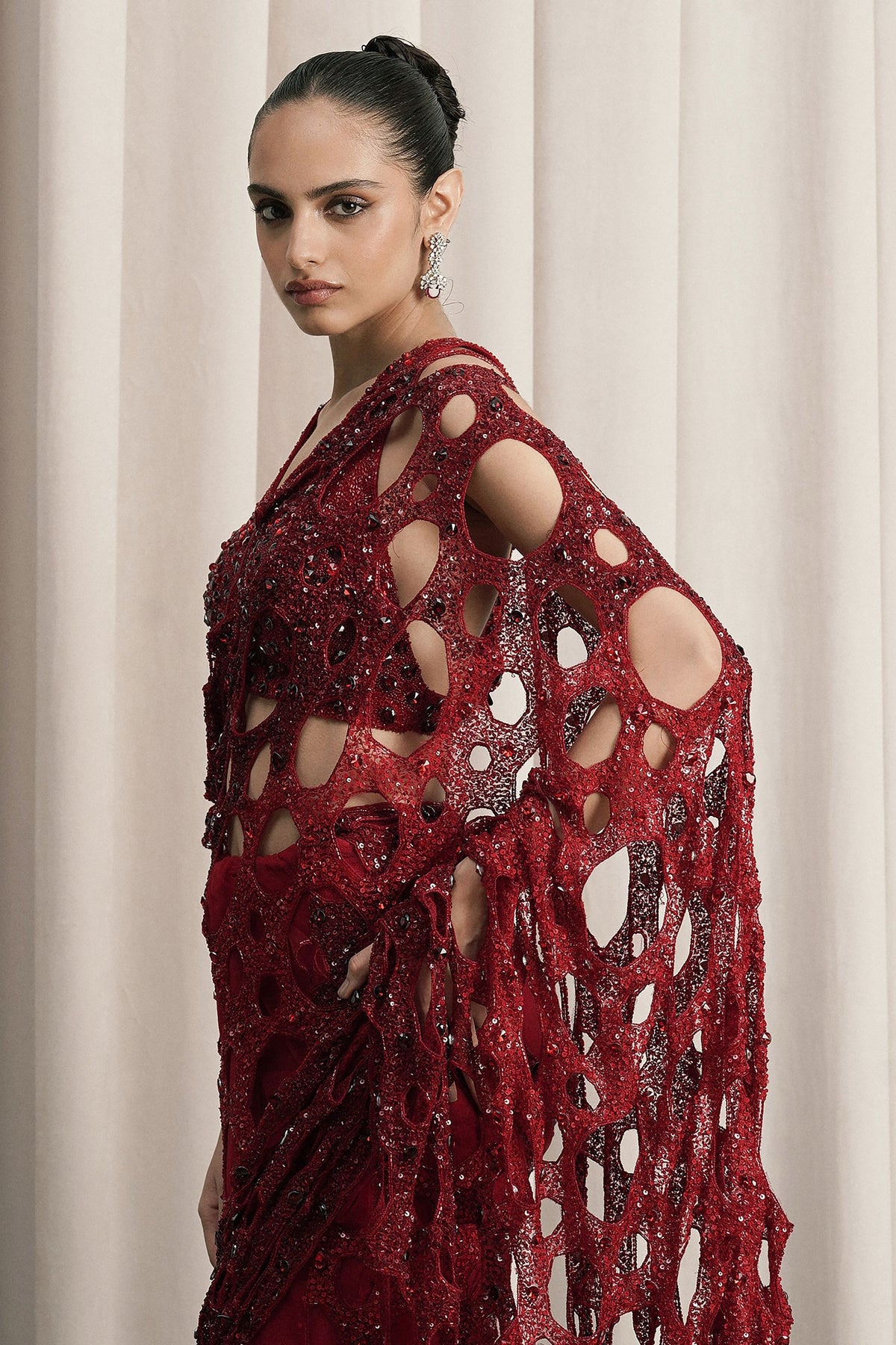 Red Teardrop Crystal Net Saree Set