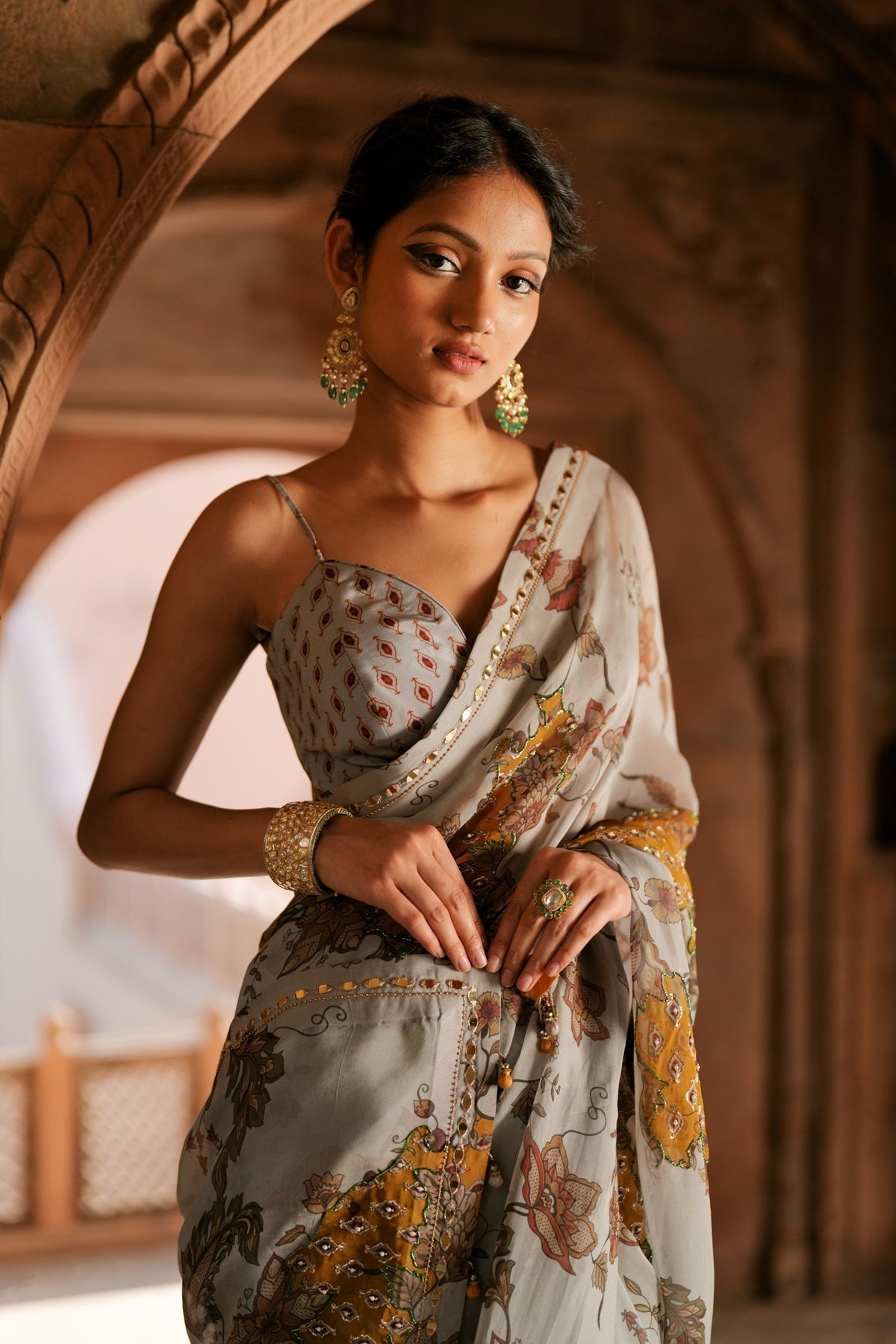 Grey Floral Embroidered Saree Set