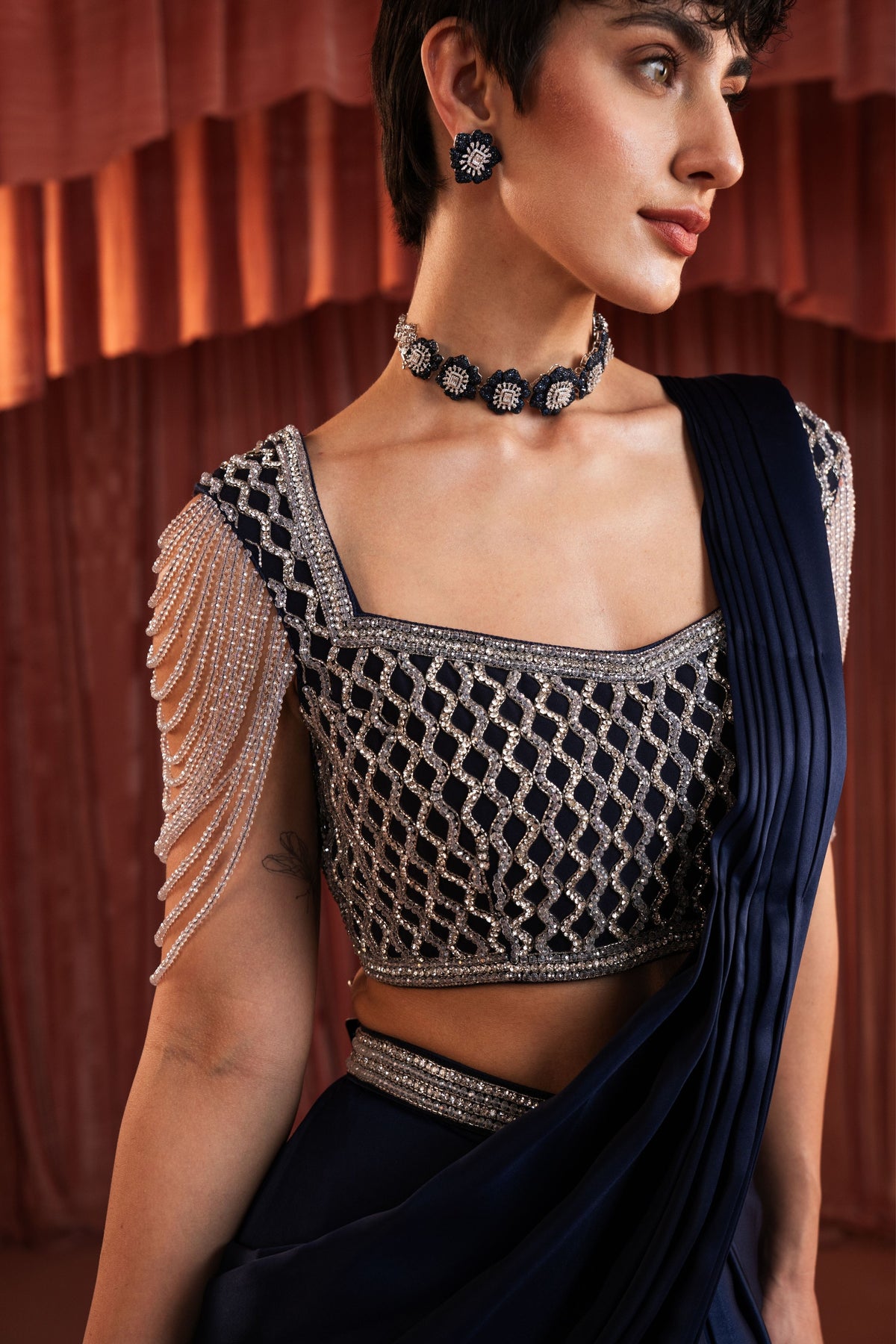 Midnight Blue Draped Saree Set