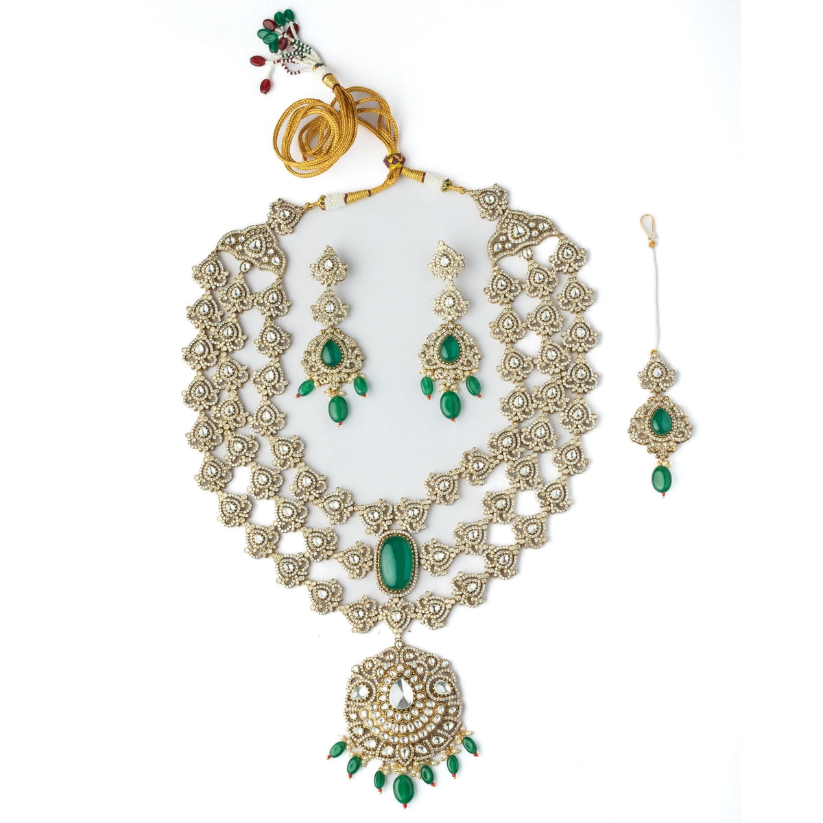 Gold Plated Green Necklace Set With Maangtikka