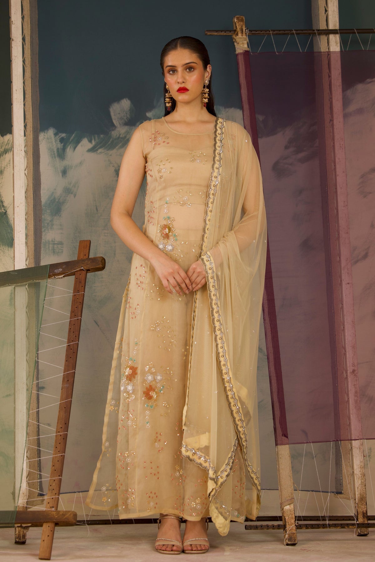 Beige Organza Kurta Set