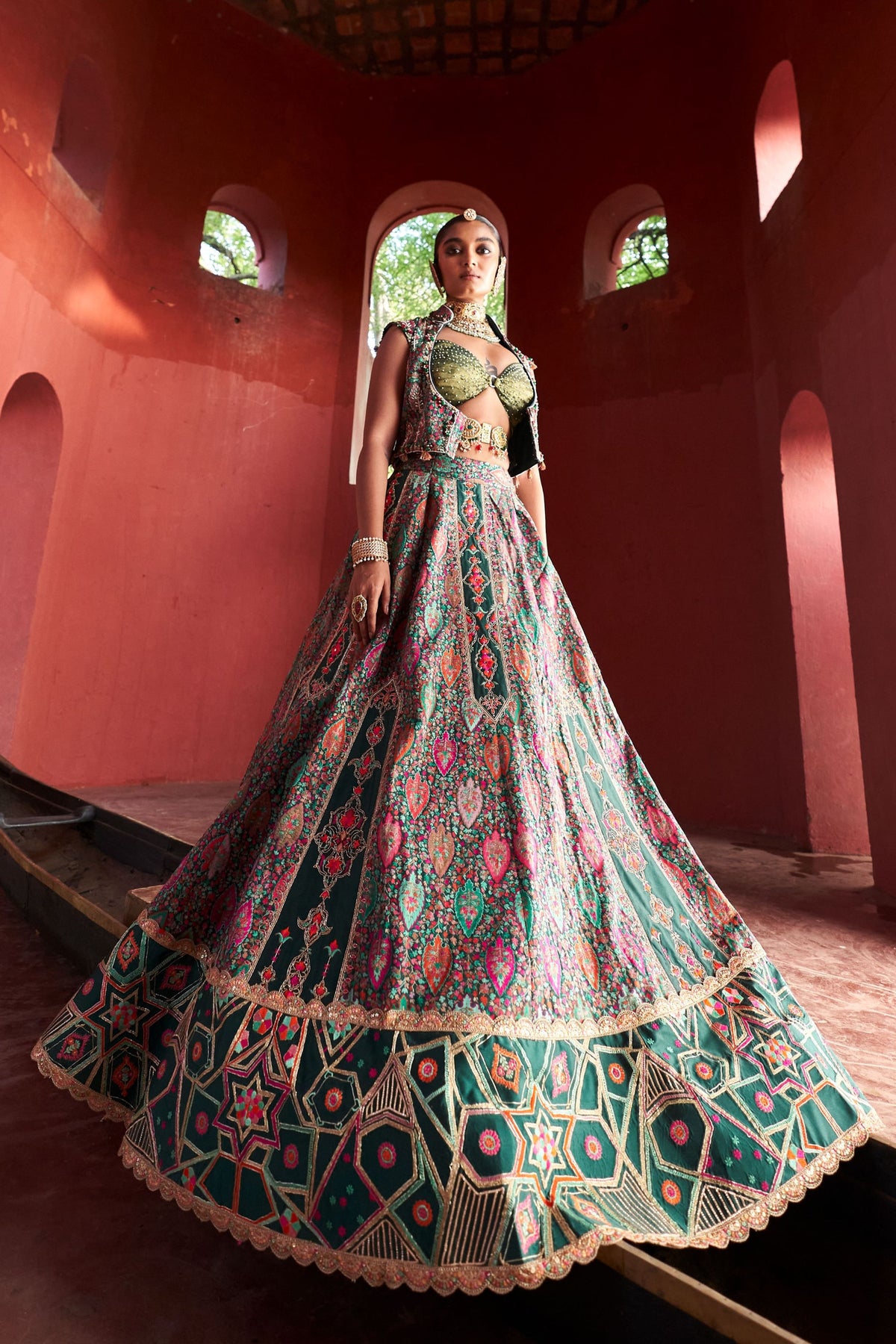 Jamawar Green Lehenga Set