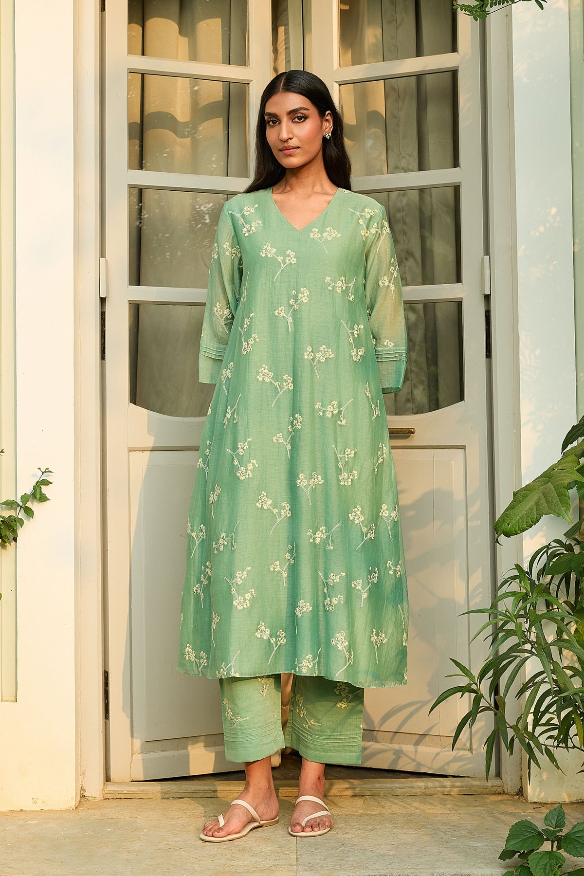Verdant Embroidered Floral Tunic Set