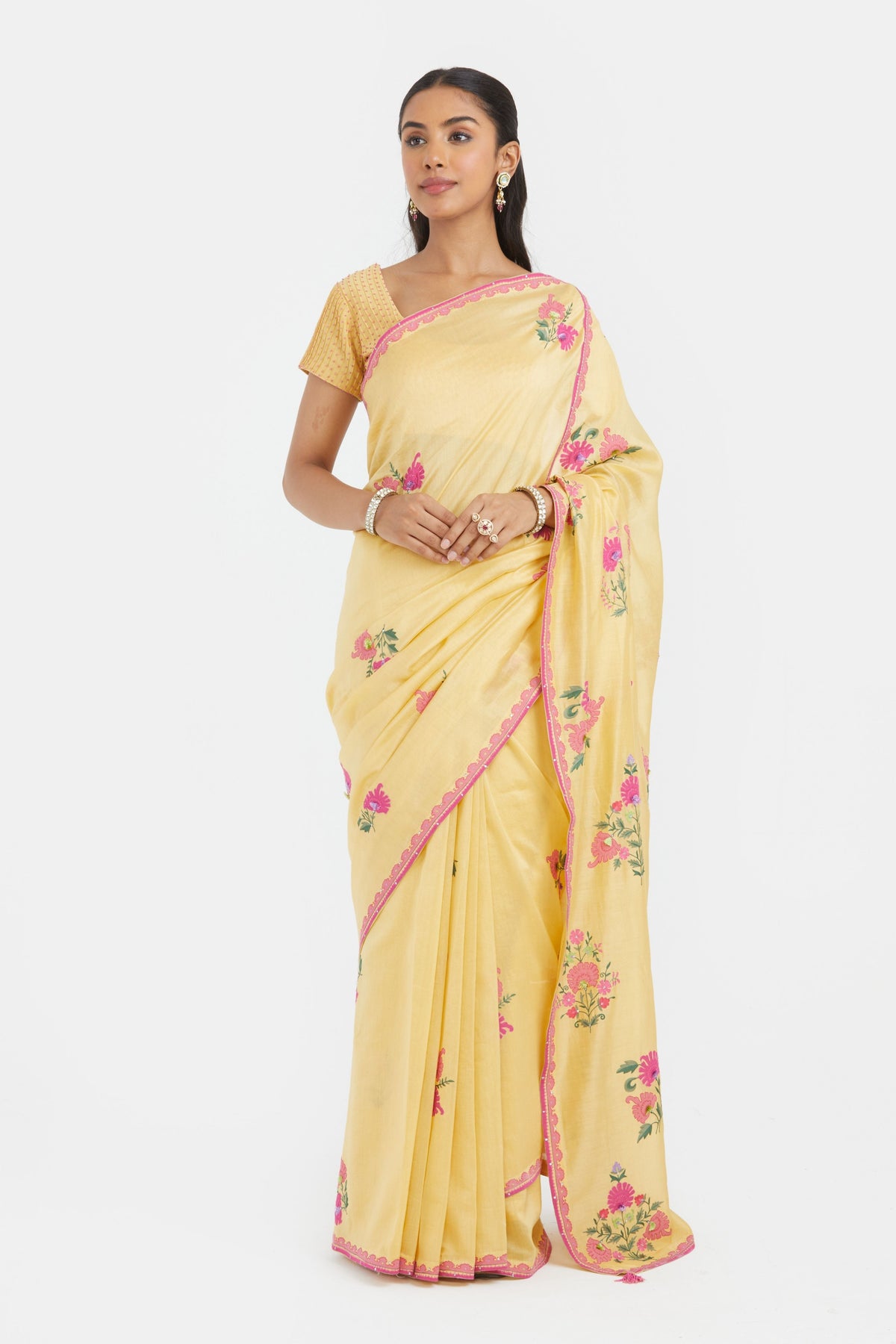 Yellow Silk Chanderi Saree Set