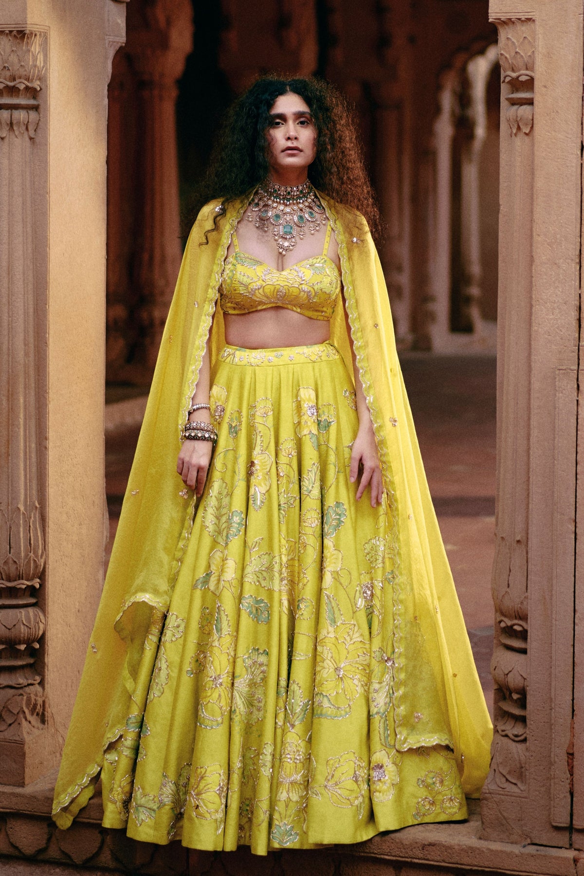 Lime Yellow Printed Lehenga Set
