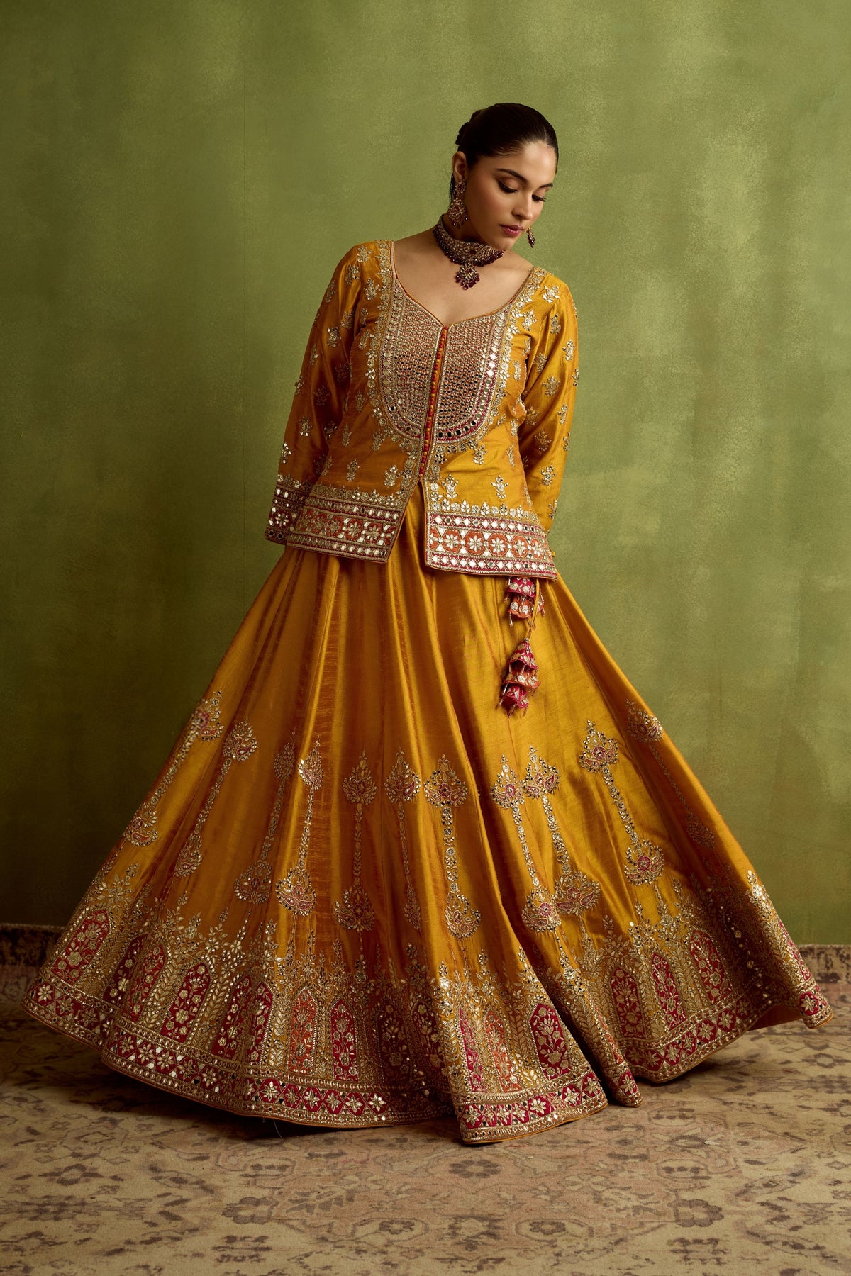 Yellow Silk Kurta Lehenga Set