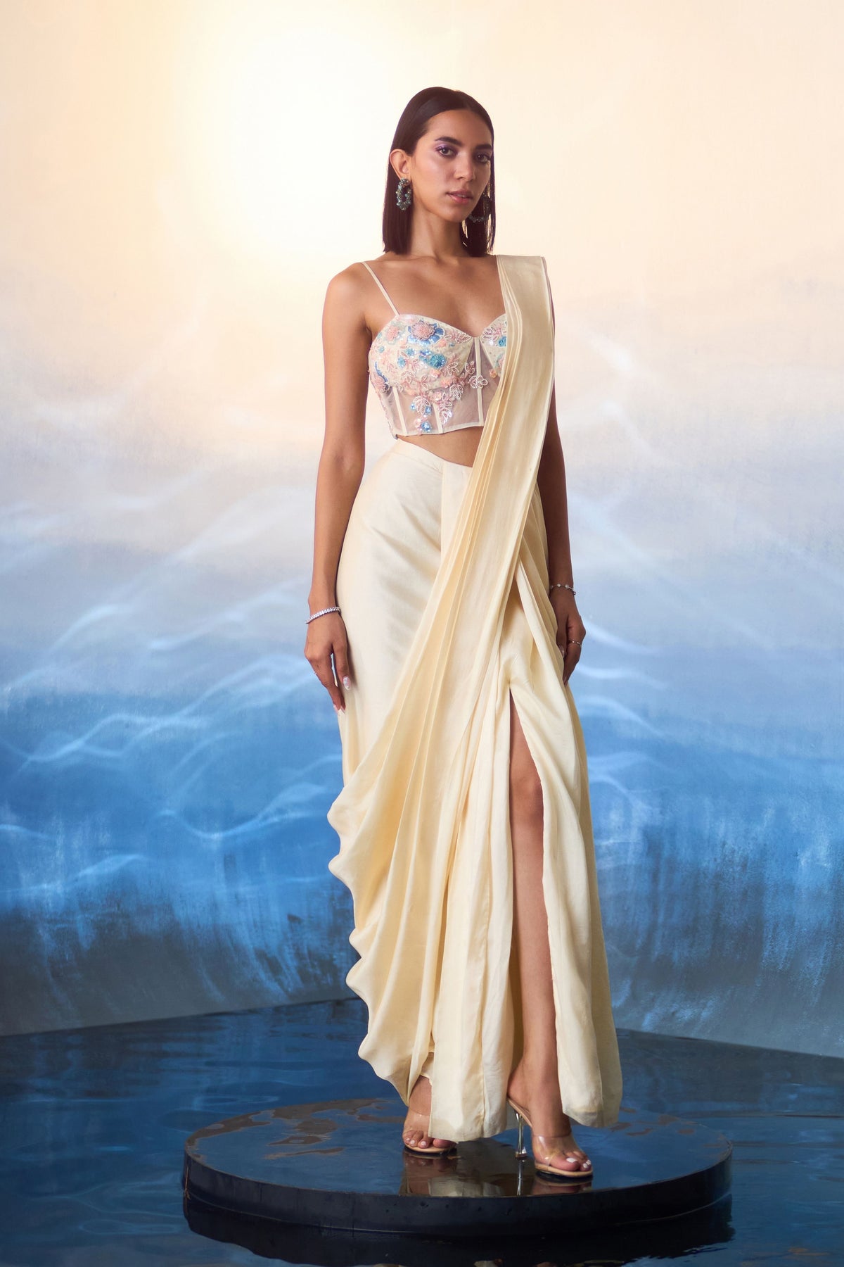 Champagne Drape Saree Set