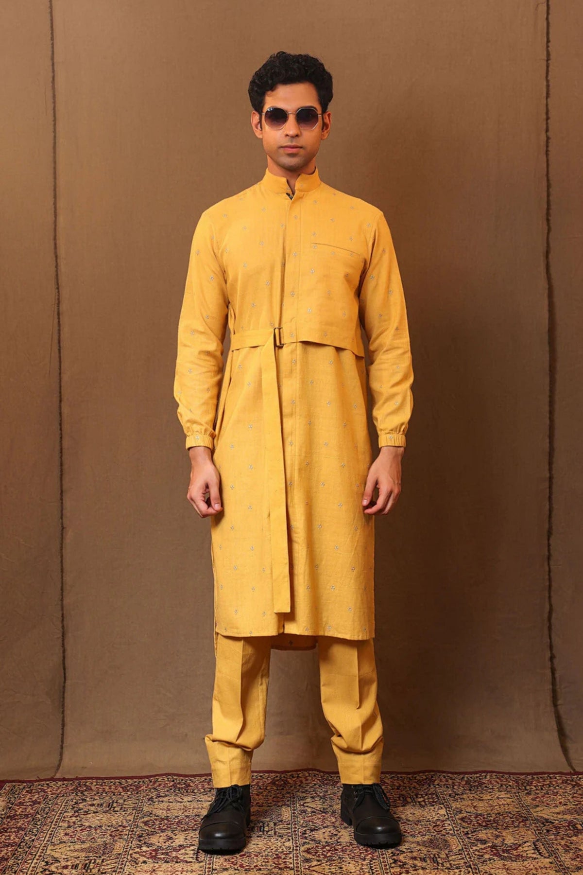 Mustard Zari Belted Kurta Set