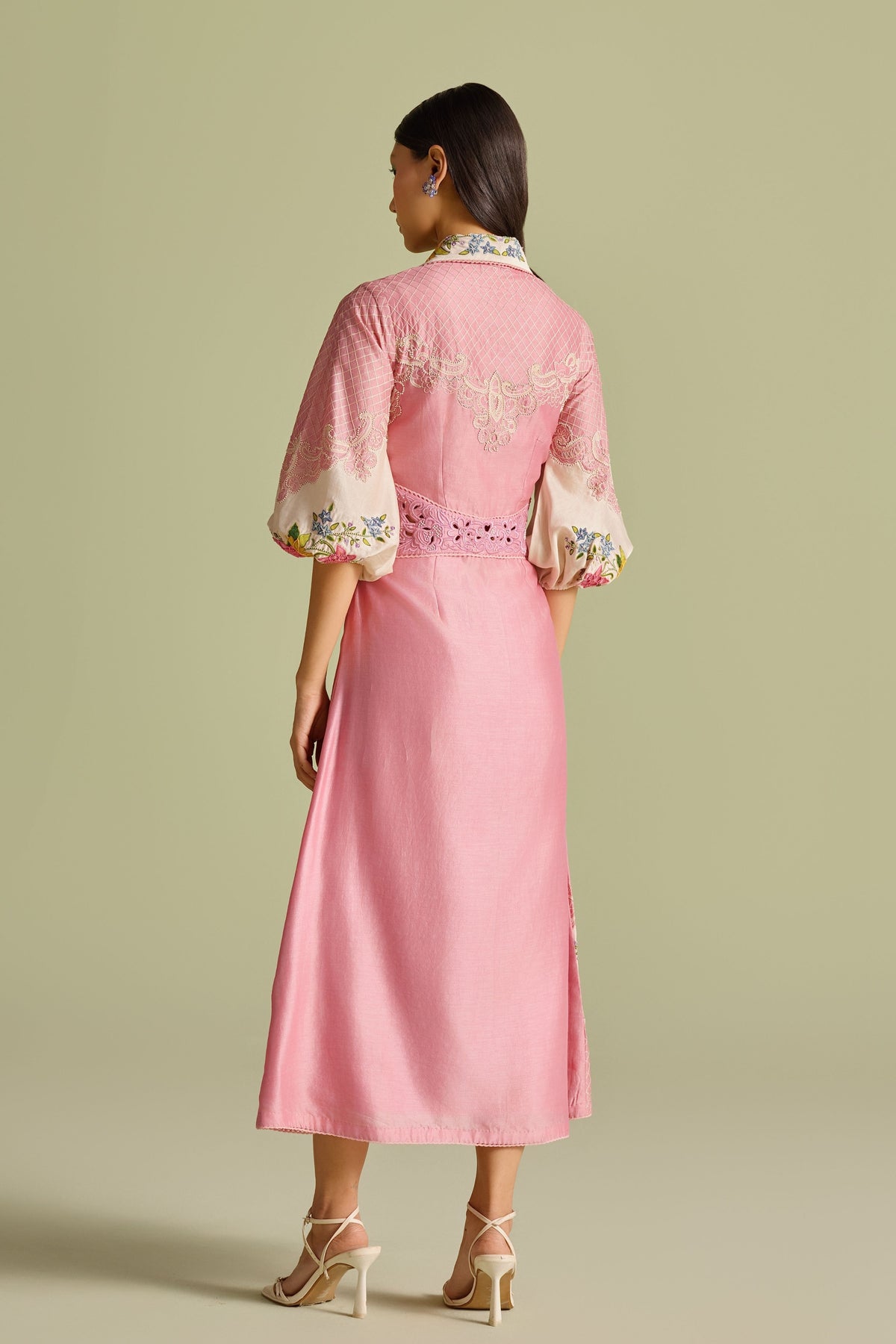 Pink Color Block Embroidered Dress