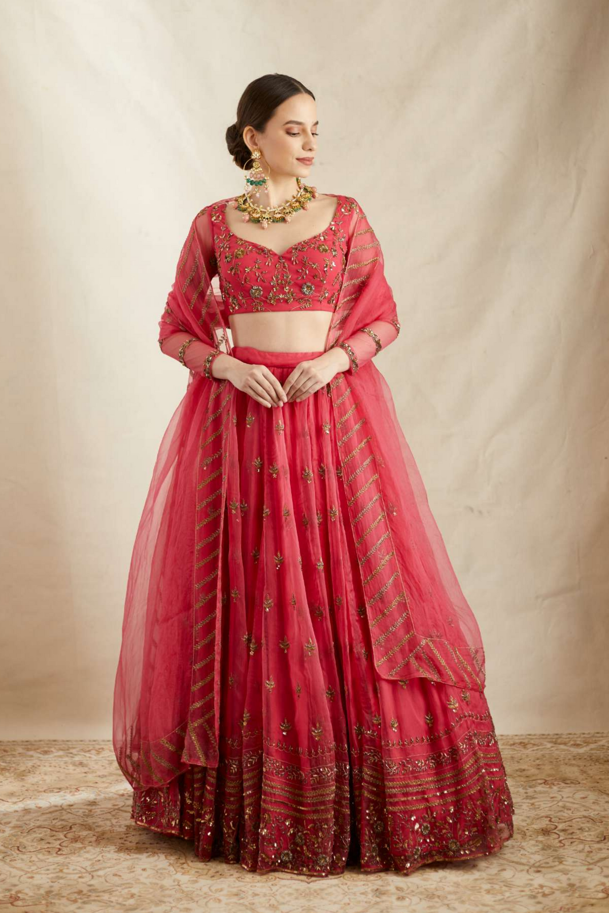 Carmine Pink Organza Lehenga Set