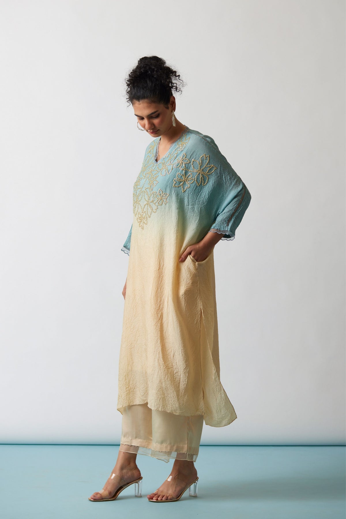 Floral Sequins Crushed Kaftan Set
