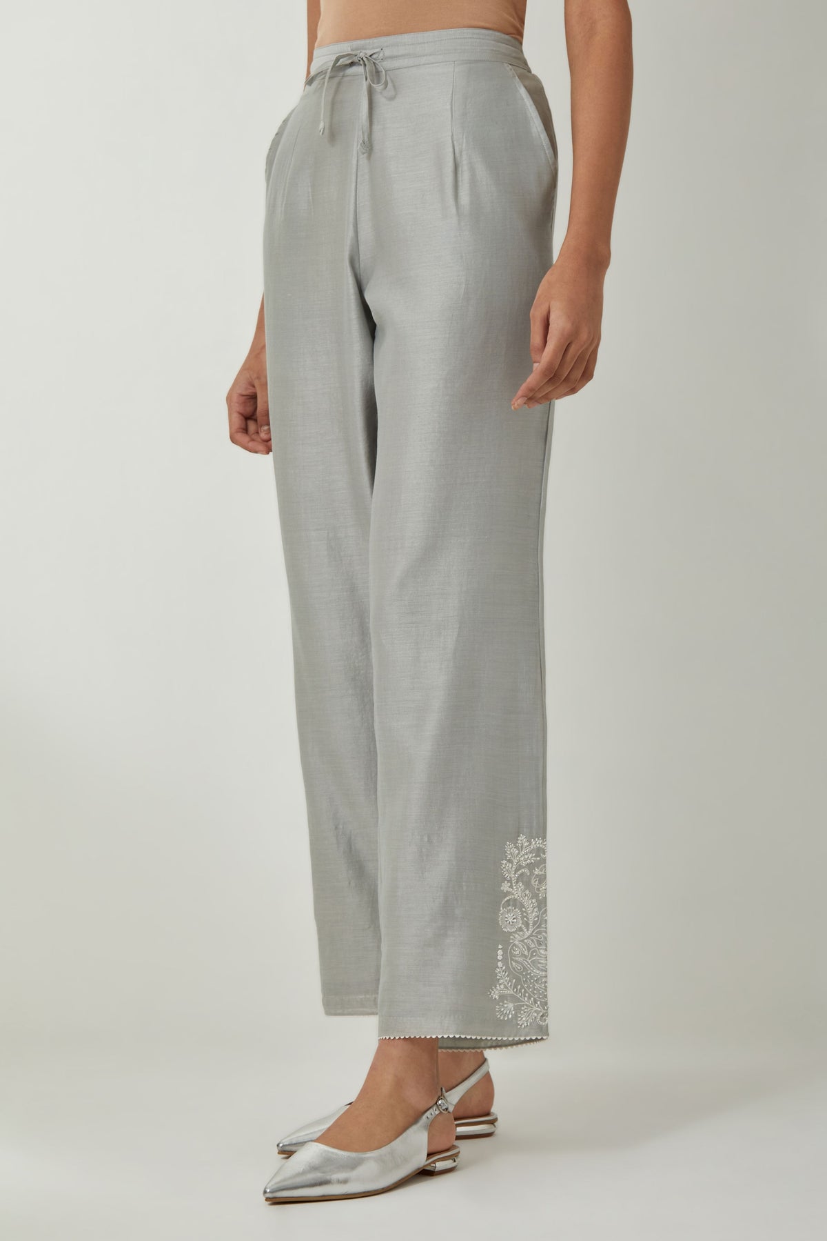 Grey Silk Chanderi Straight Pants