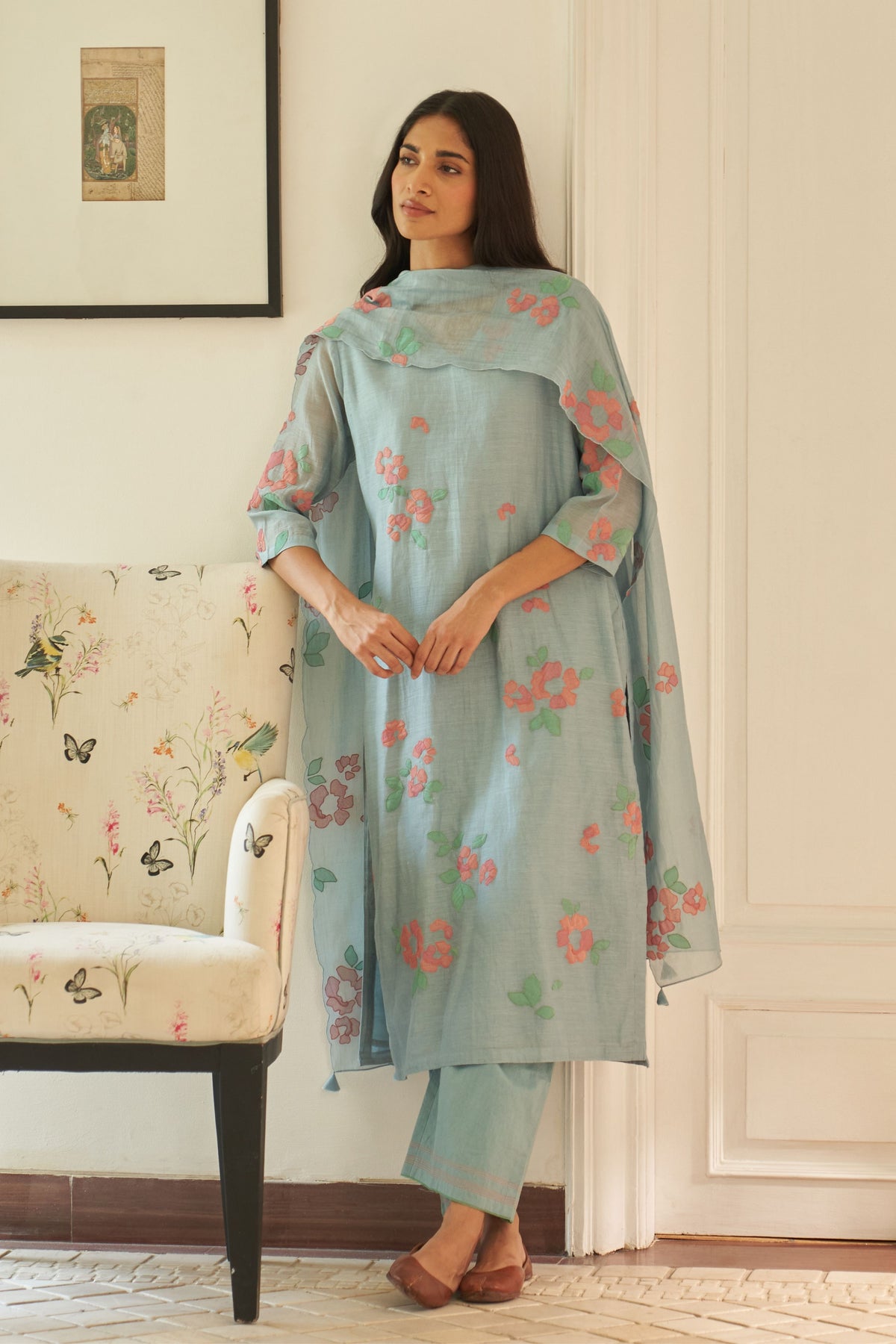 Sky Floral Applique Kurta Set