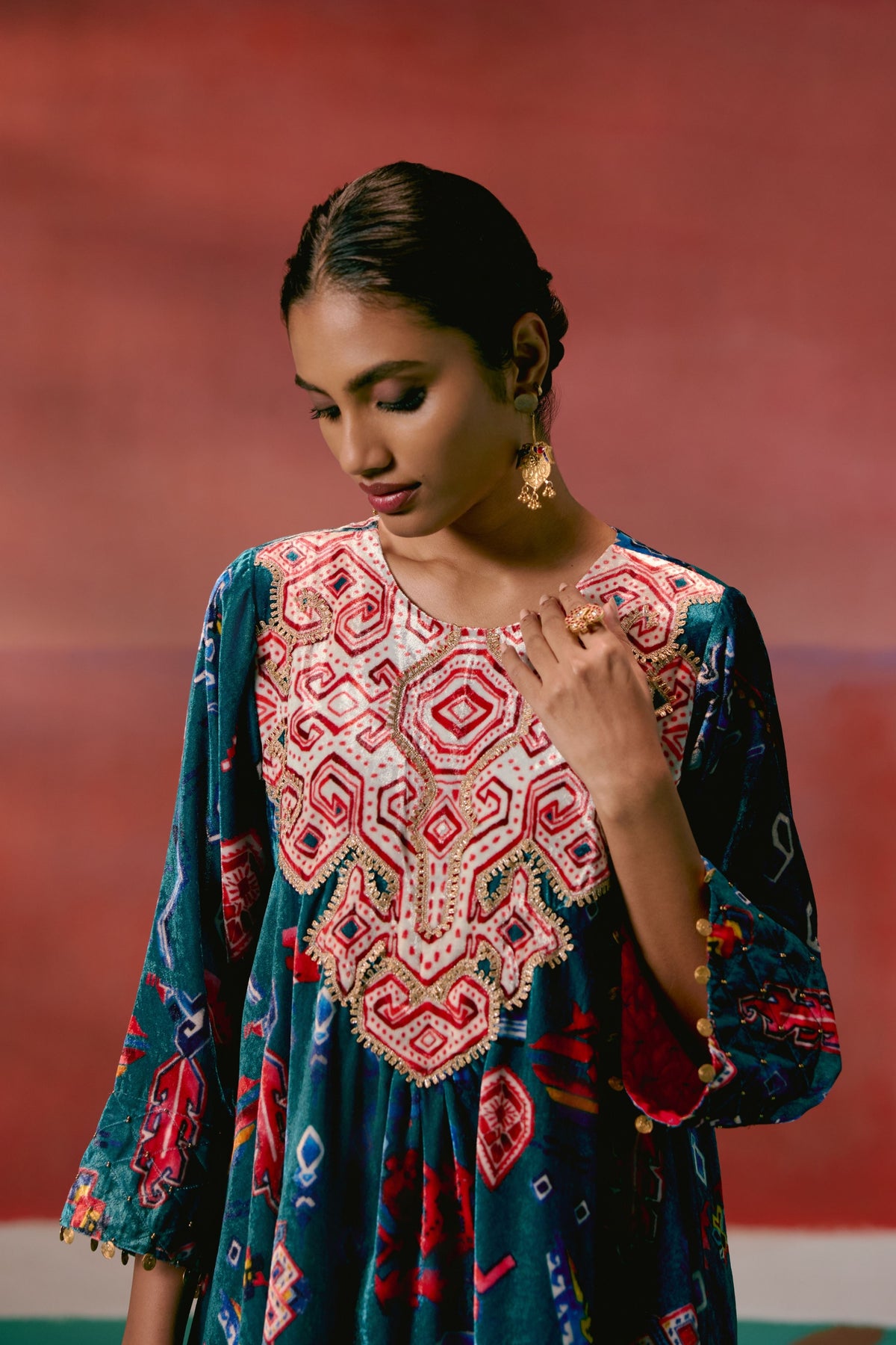 Teal Aztec Velvet Tunic Set