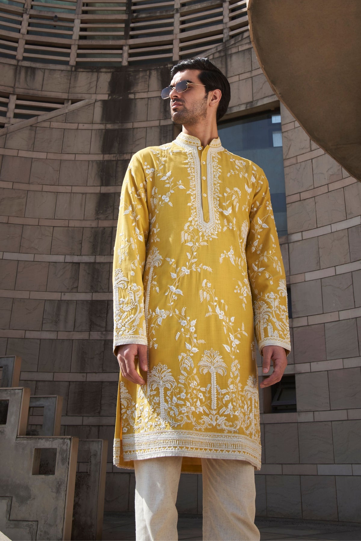 Yellow Long Palm Tree Kurta Set