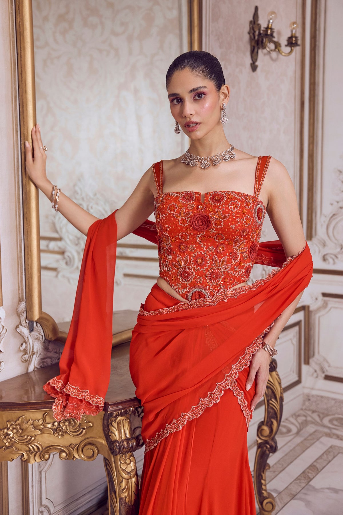 Rust Pre-draped Saree Set