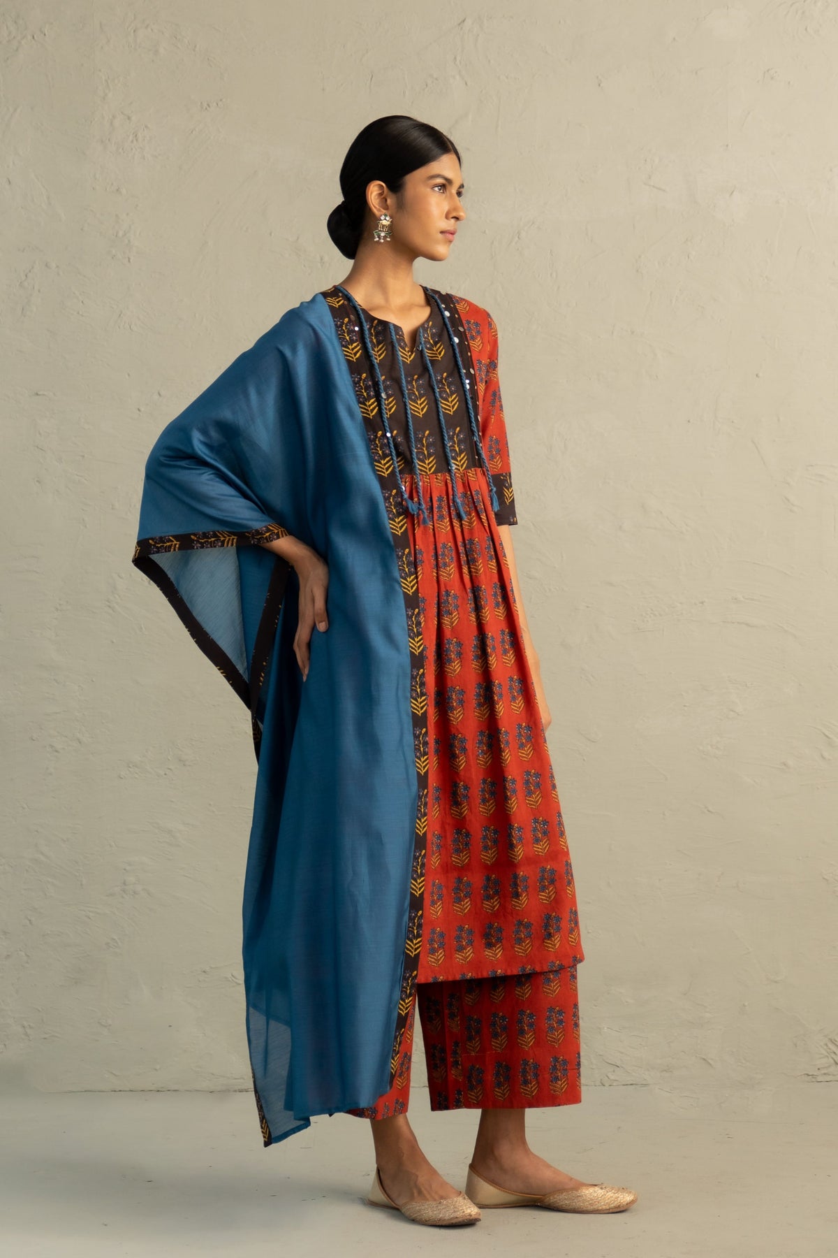 Red Hand Block Kurta Set