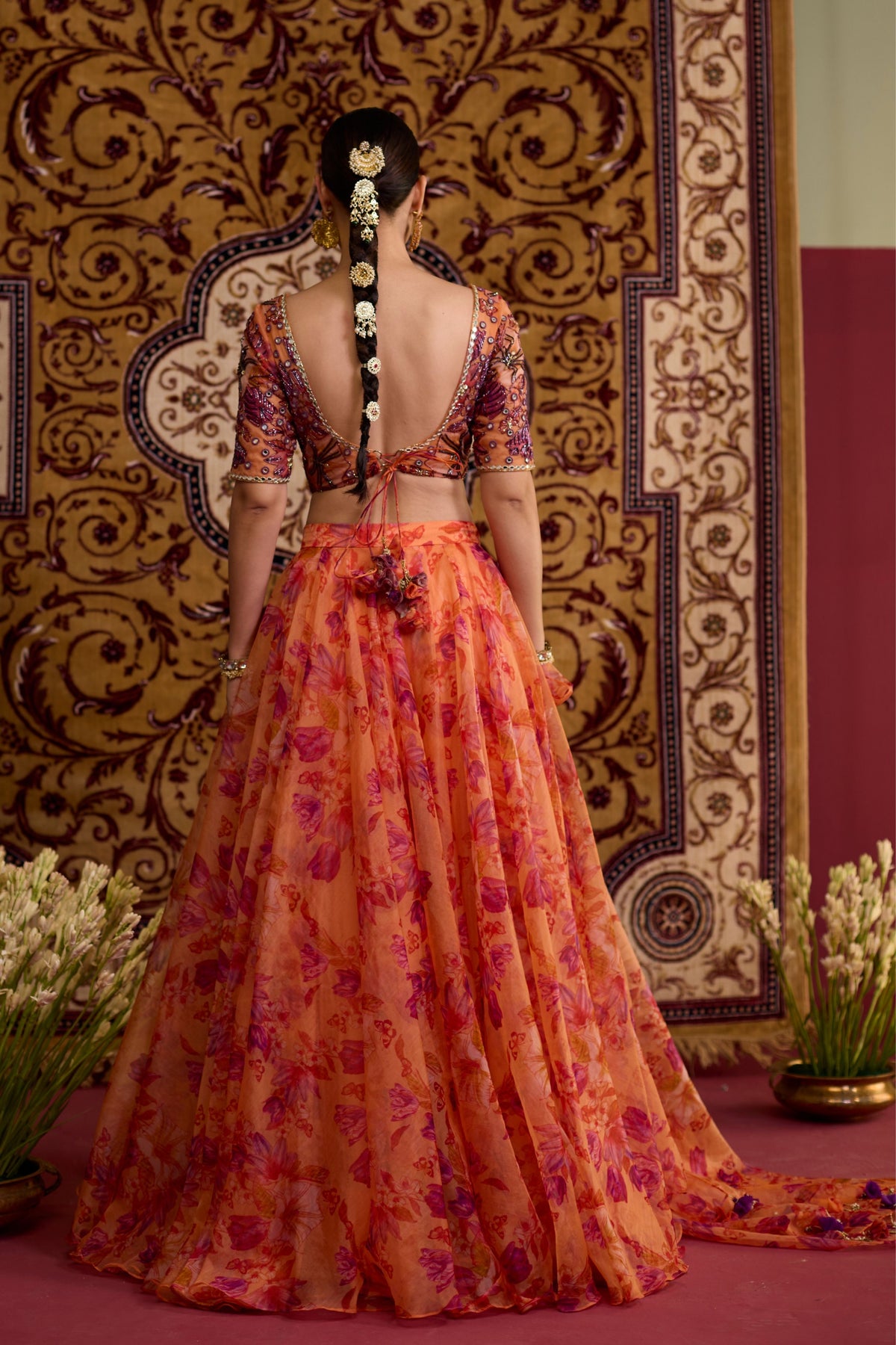 Orange Floral Lehenga Set
