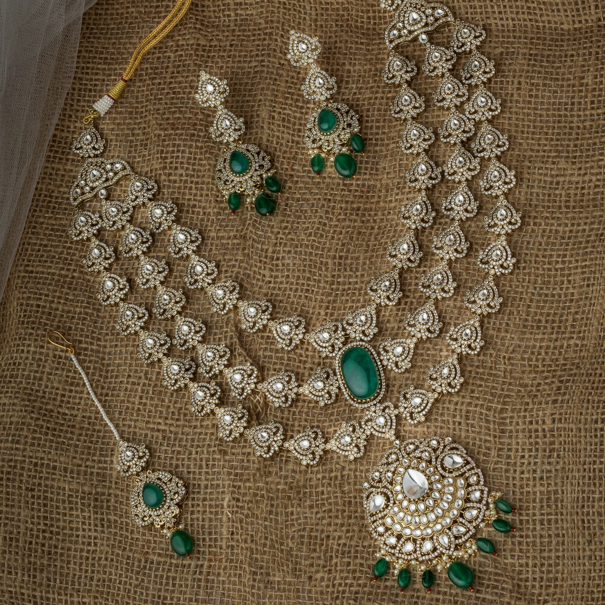 Gold Plated Green Necklace Set With Maangtikka