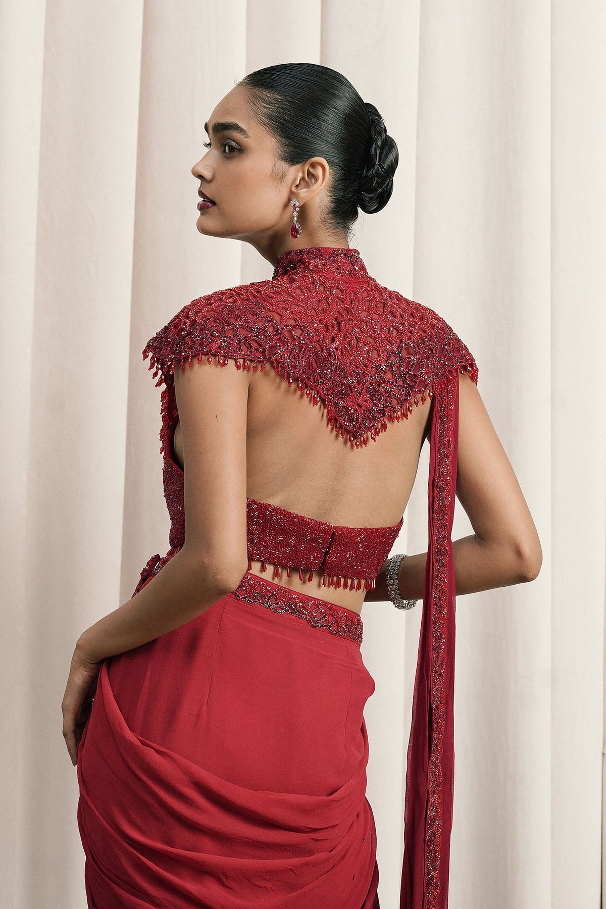 Red Shaded Crystal Cape Saree Set