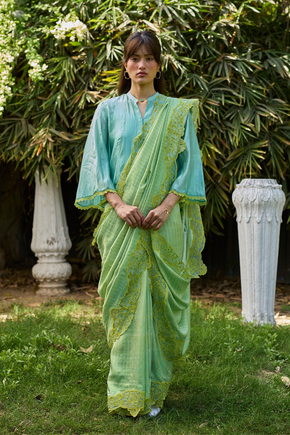 English Morning Green Embroidered Saree
