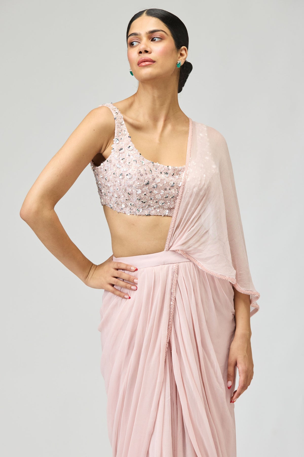 Silk Chiffon Light Pink Saree Set