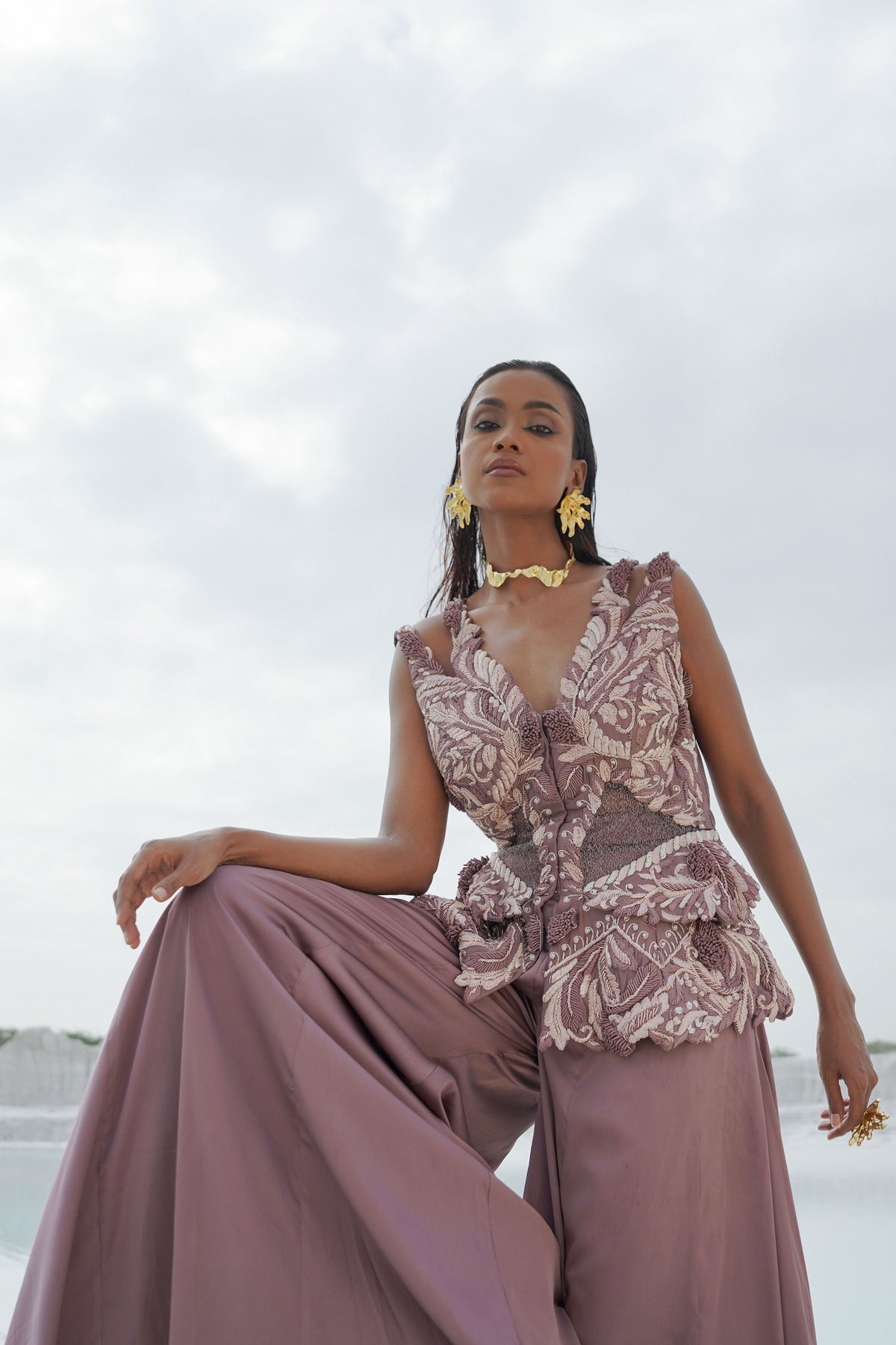 Pastel Purple Embroidered Palazzo Set