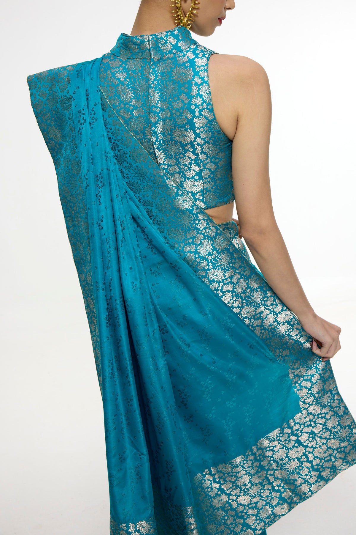 Handwoven Coral Blue Saree