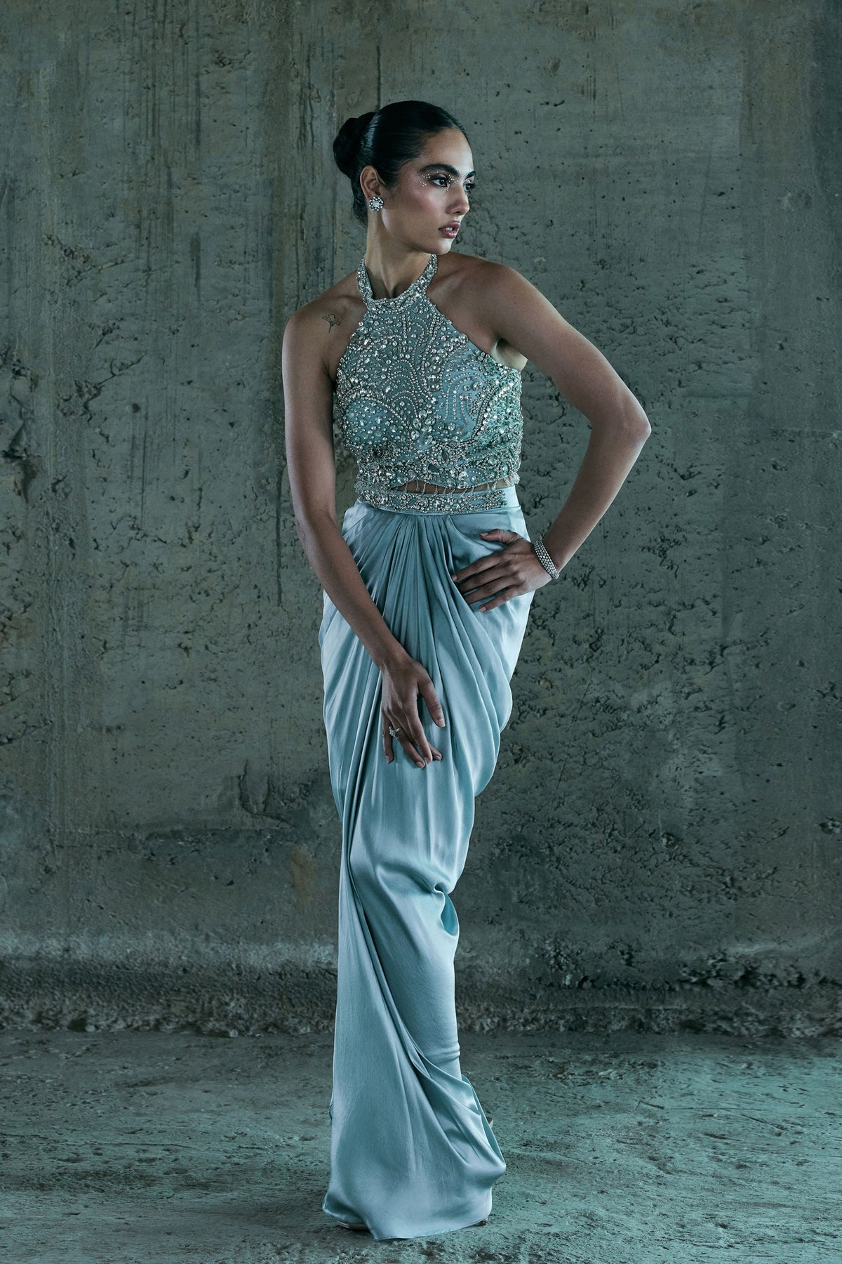 Ice Blue Embellished Top With Skirt