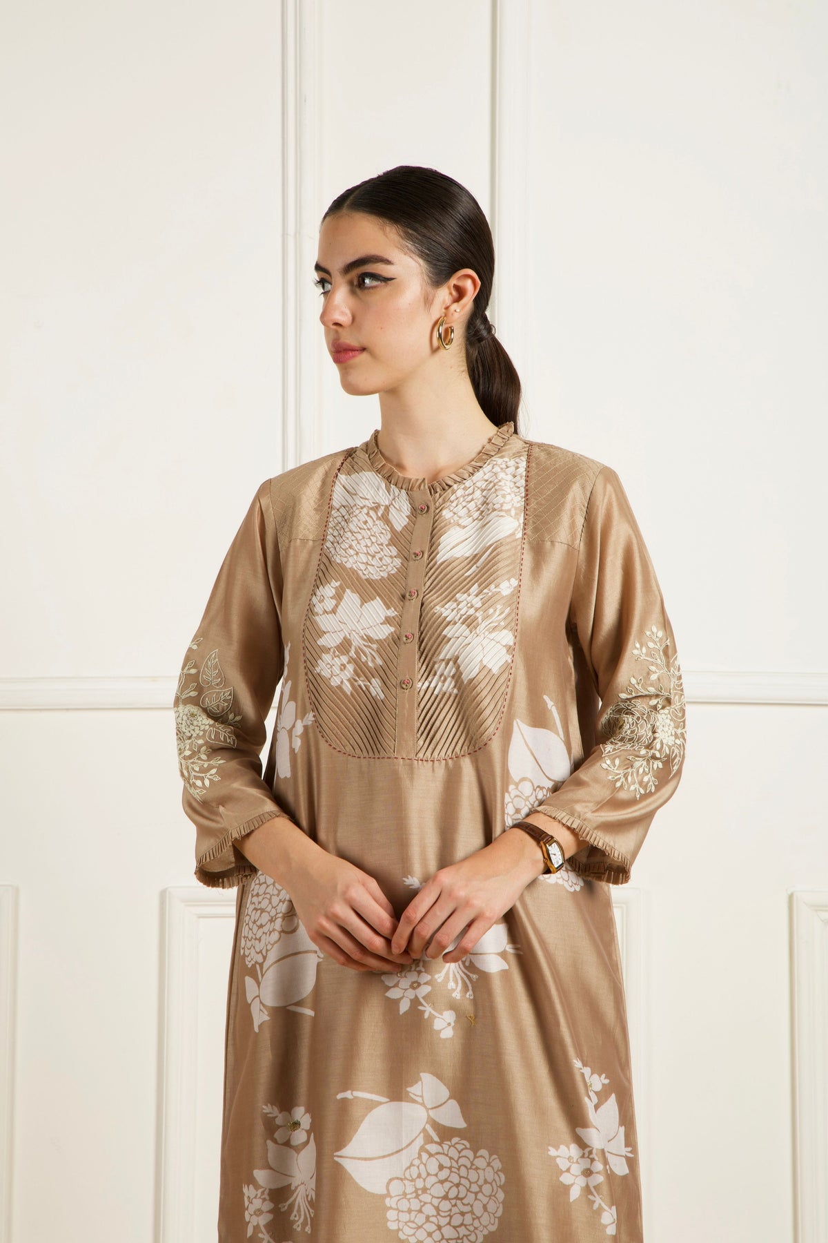 Beige Pleated Yoke Kurta Set