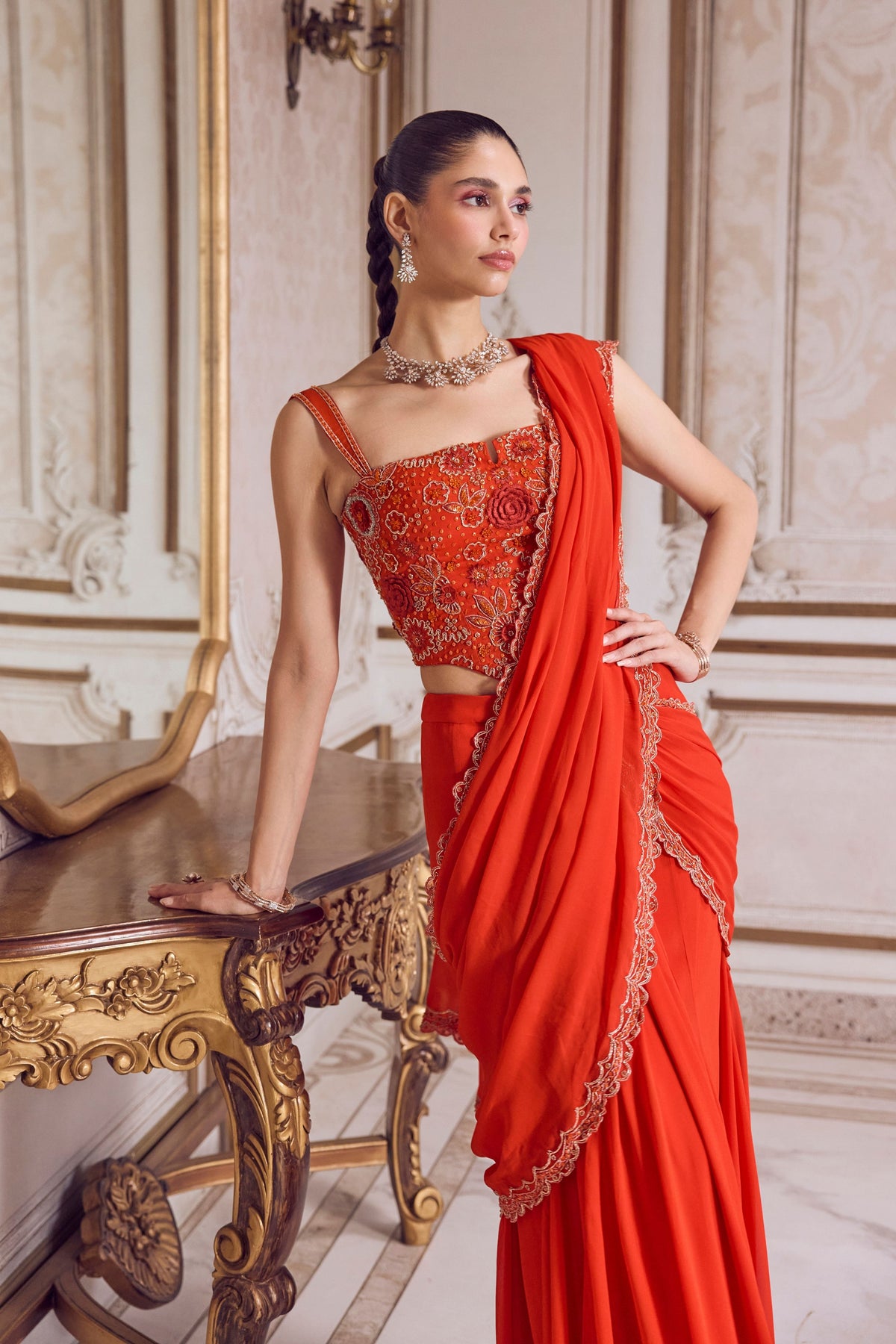 Rust Pre-draped Saree Set