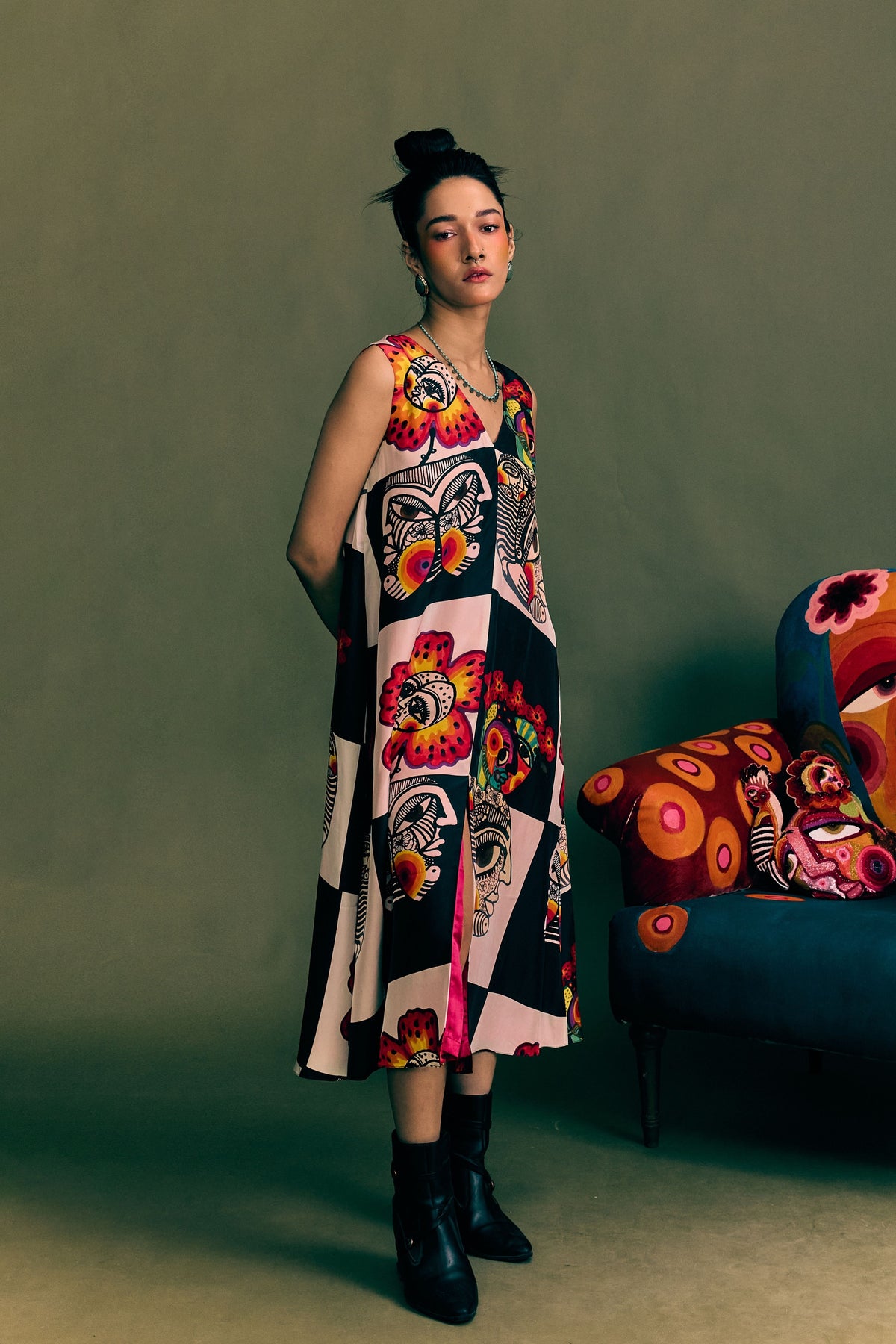 Chess Board Printed Long Dress