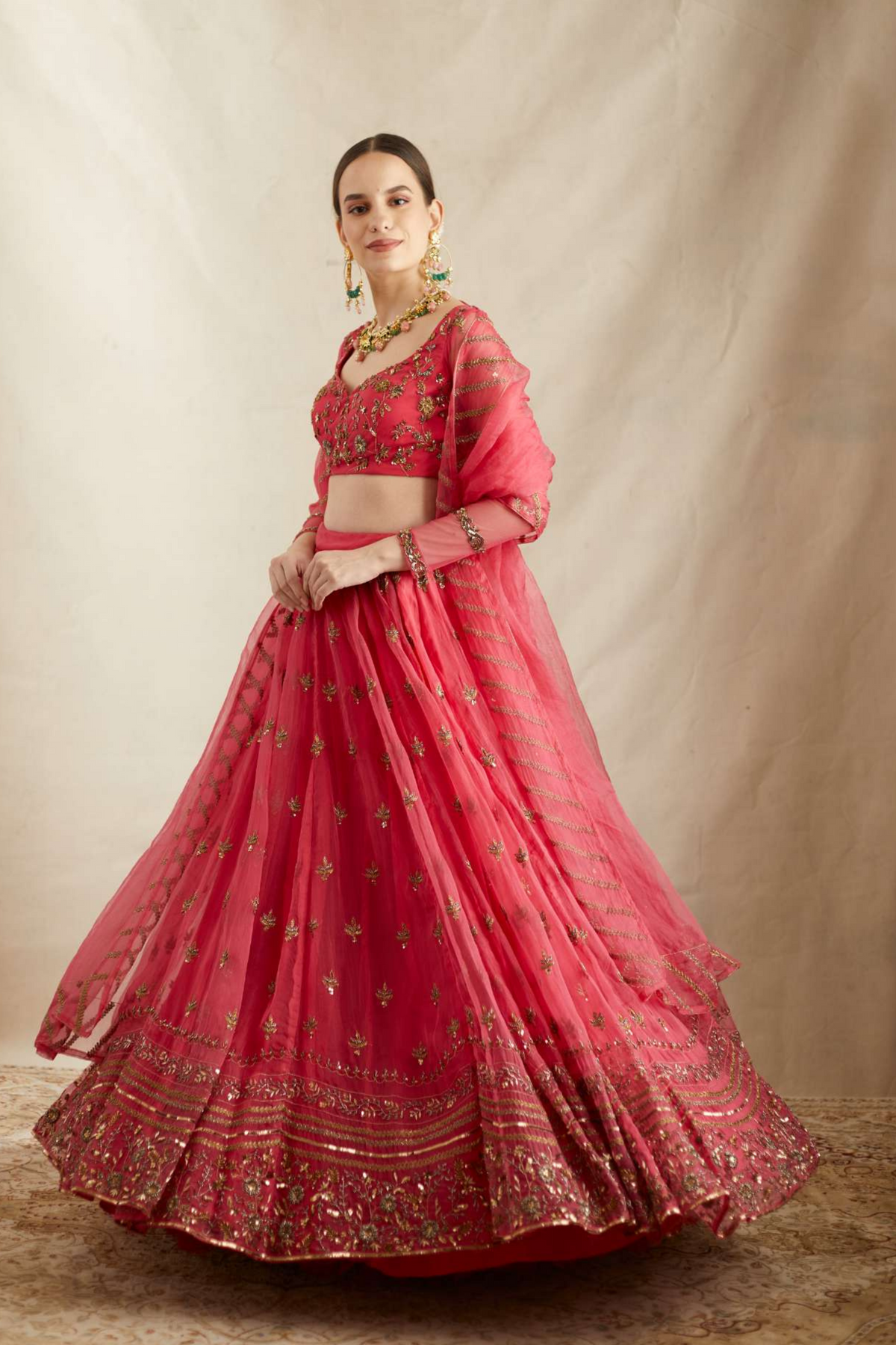 Carmine Pink Organza Lehenga Set