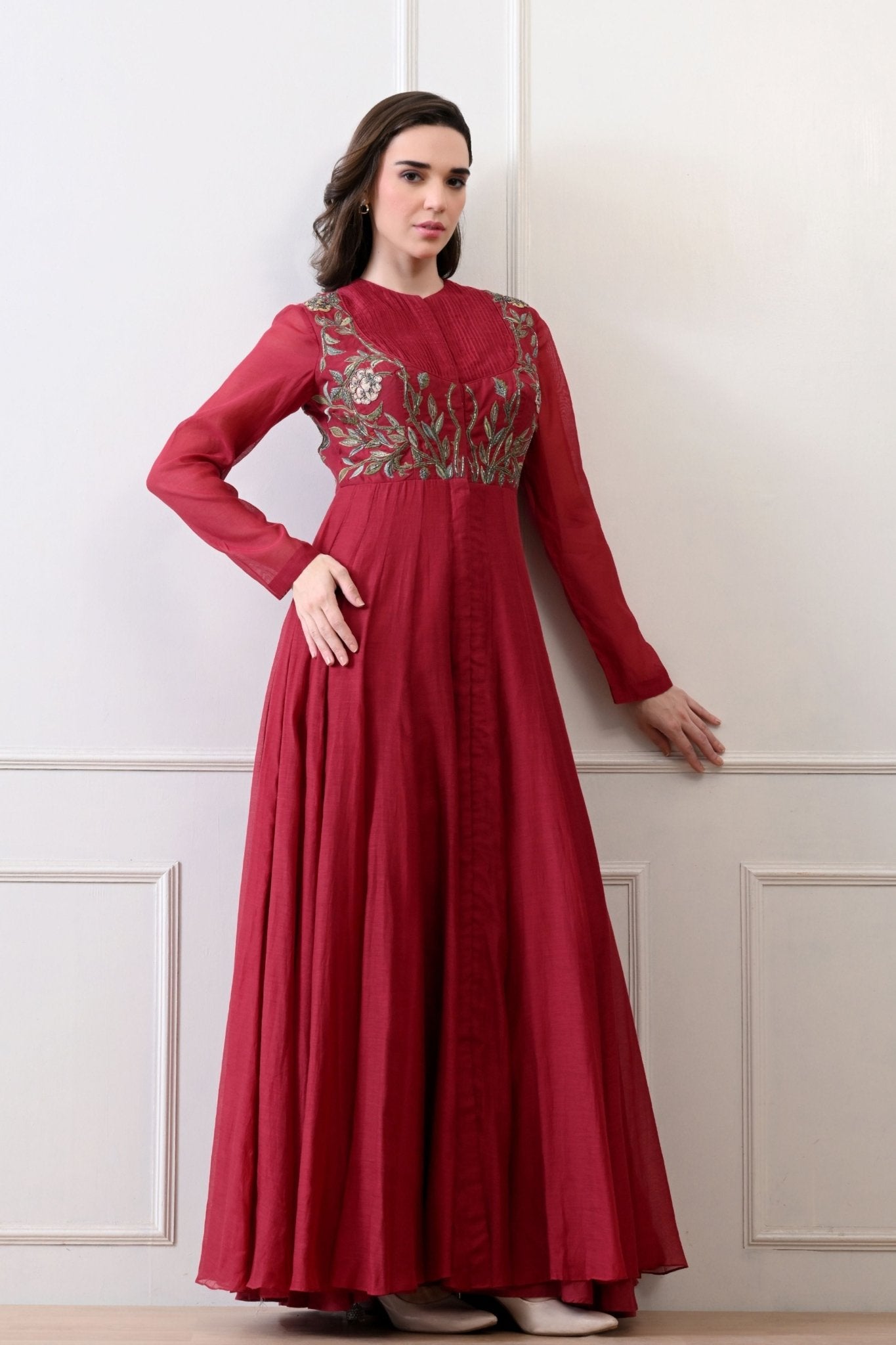 Maroon Silk Embroidered Anarkali - Samant Chauhan - Elahe