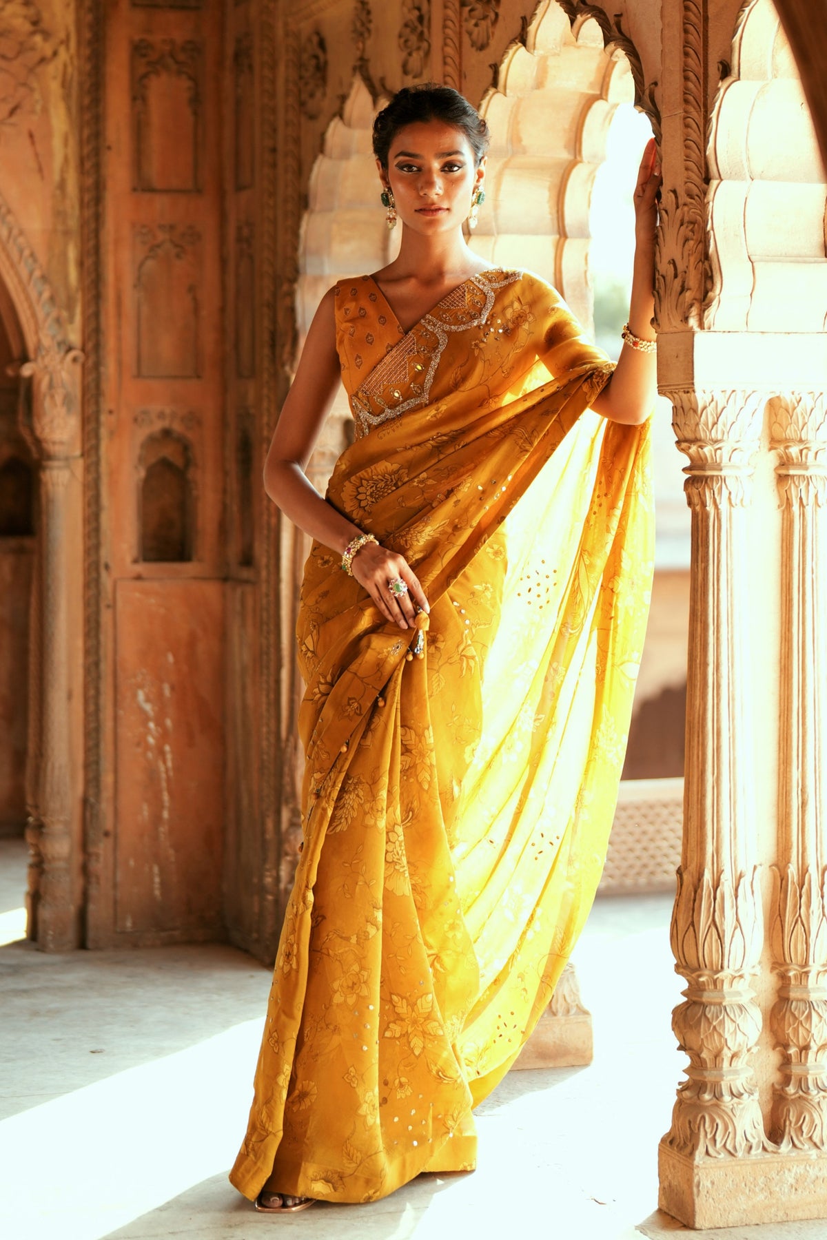 Golden Floral Organza Saree Set