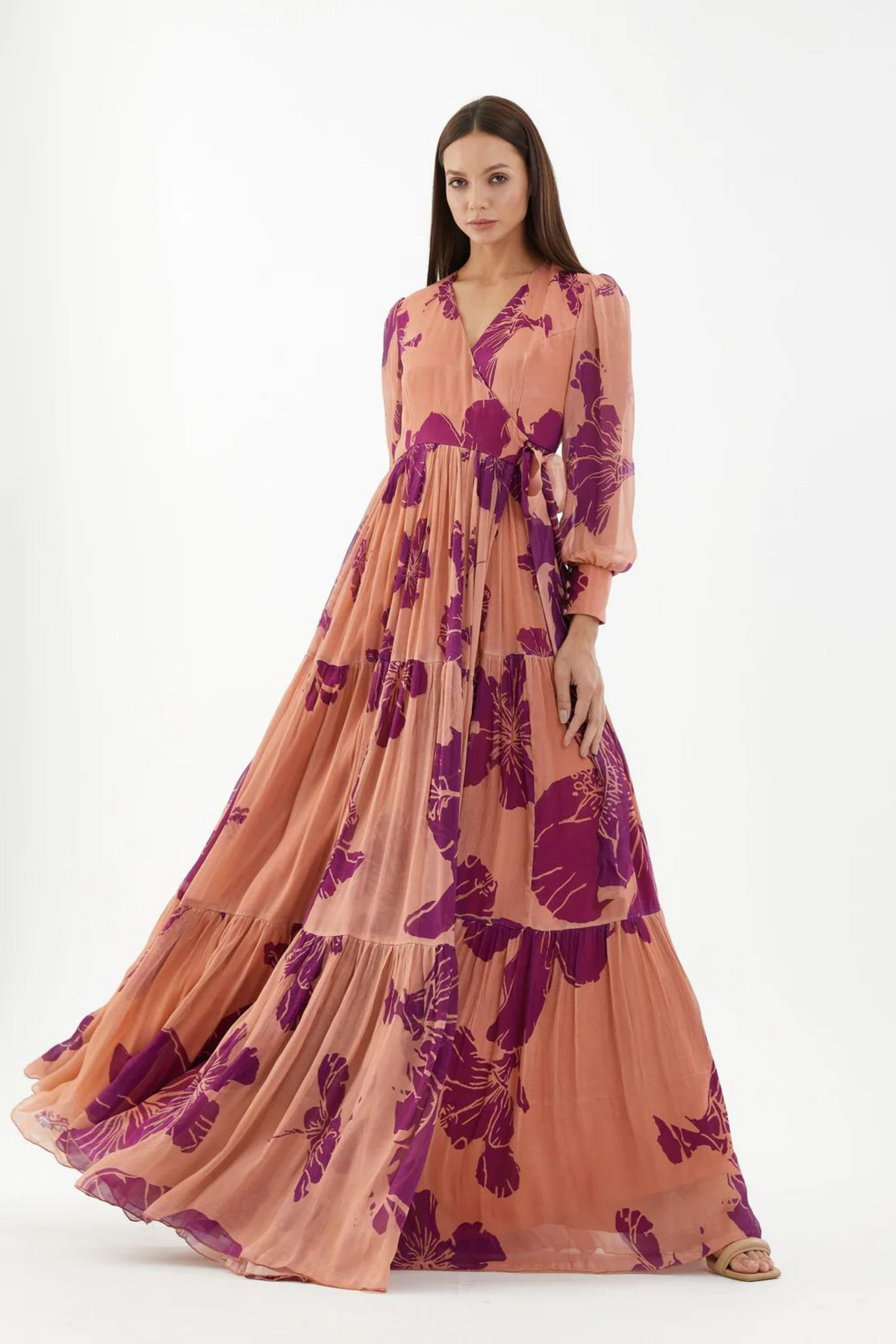 Orange And Purple Floral Long Wrap Dress