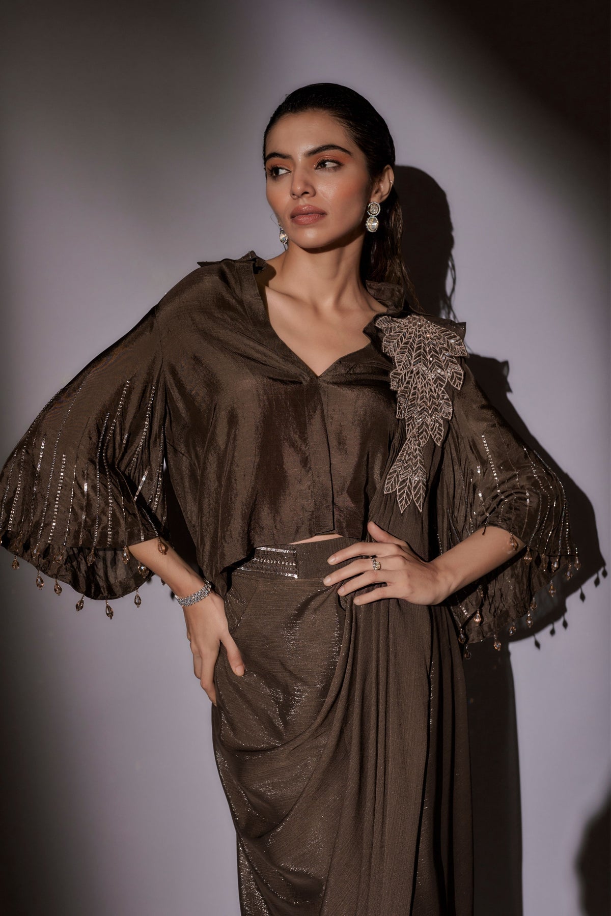 Coffe Pre-Draped Saree Set