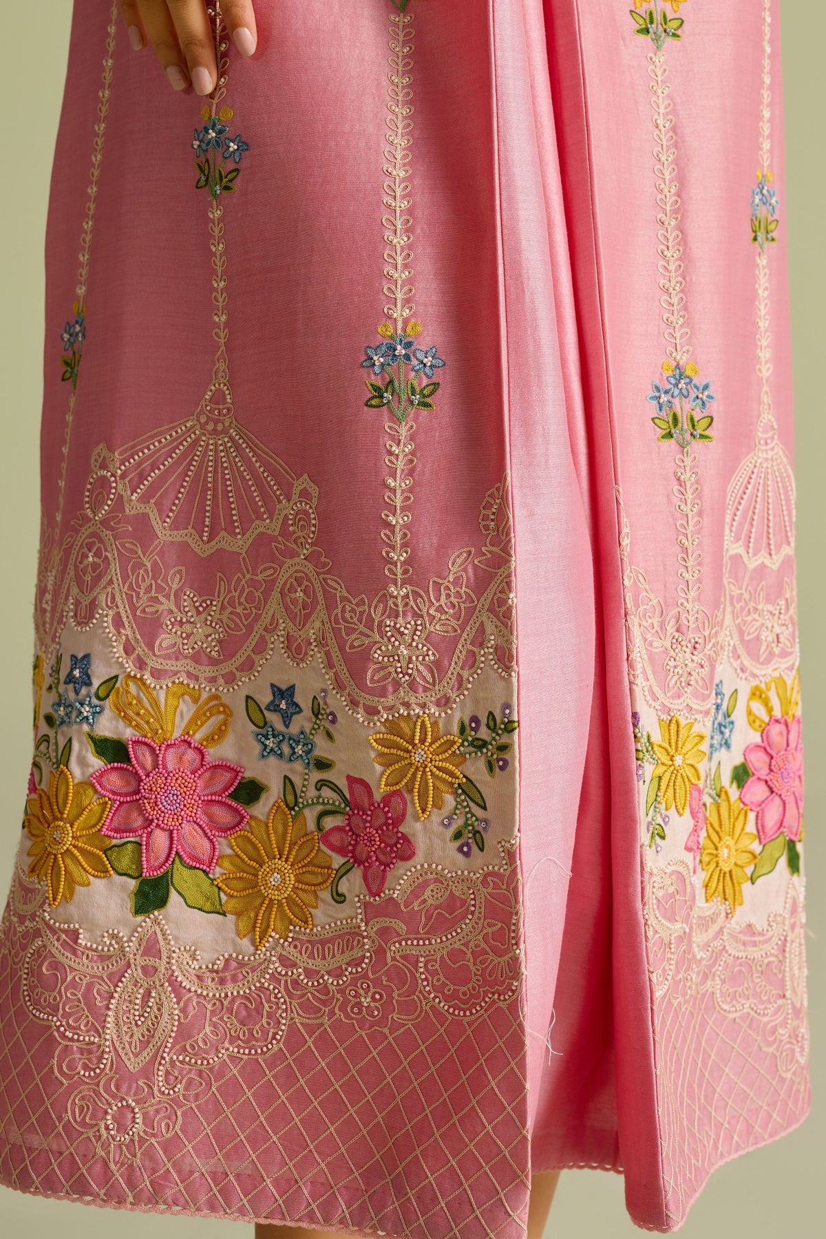 Pink Color Block Embroidered Dress