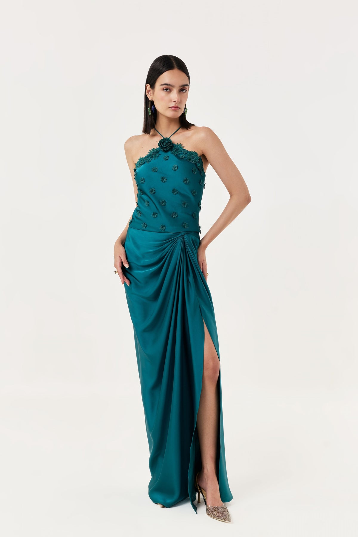 3d Floral Emerald Teal Halter Top Skirt Set
